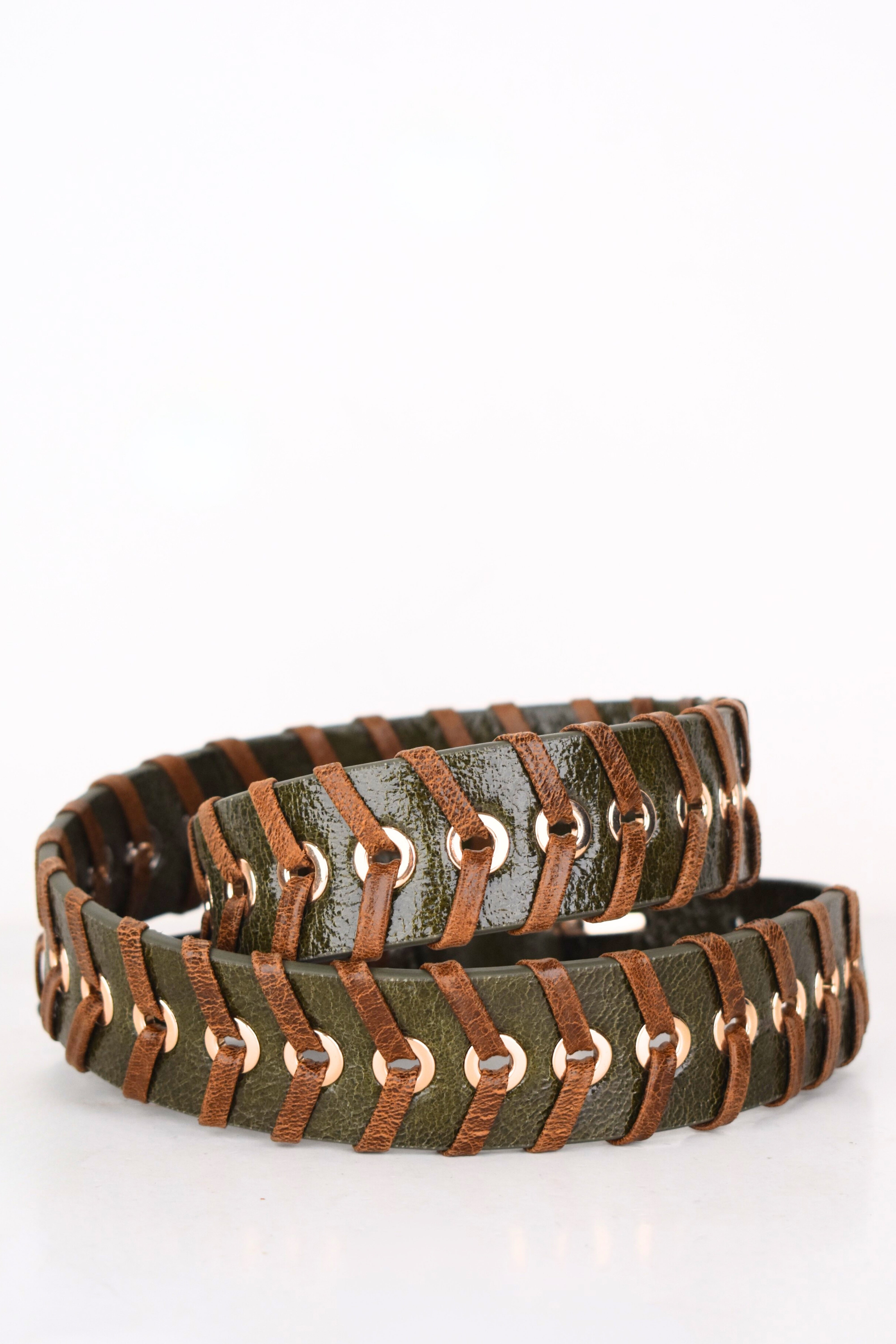 Olive Eyelet Lace-Up Leather Belt