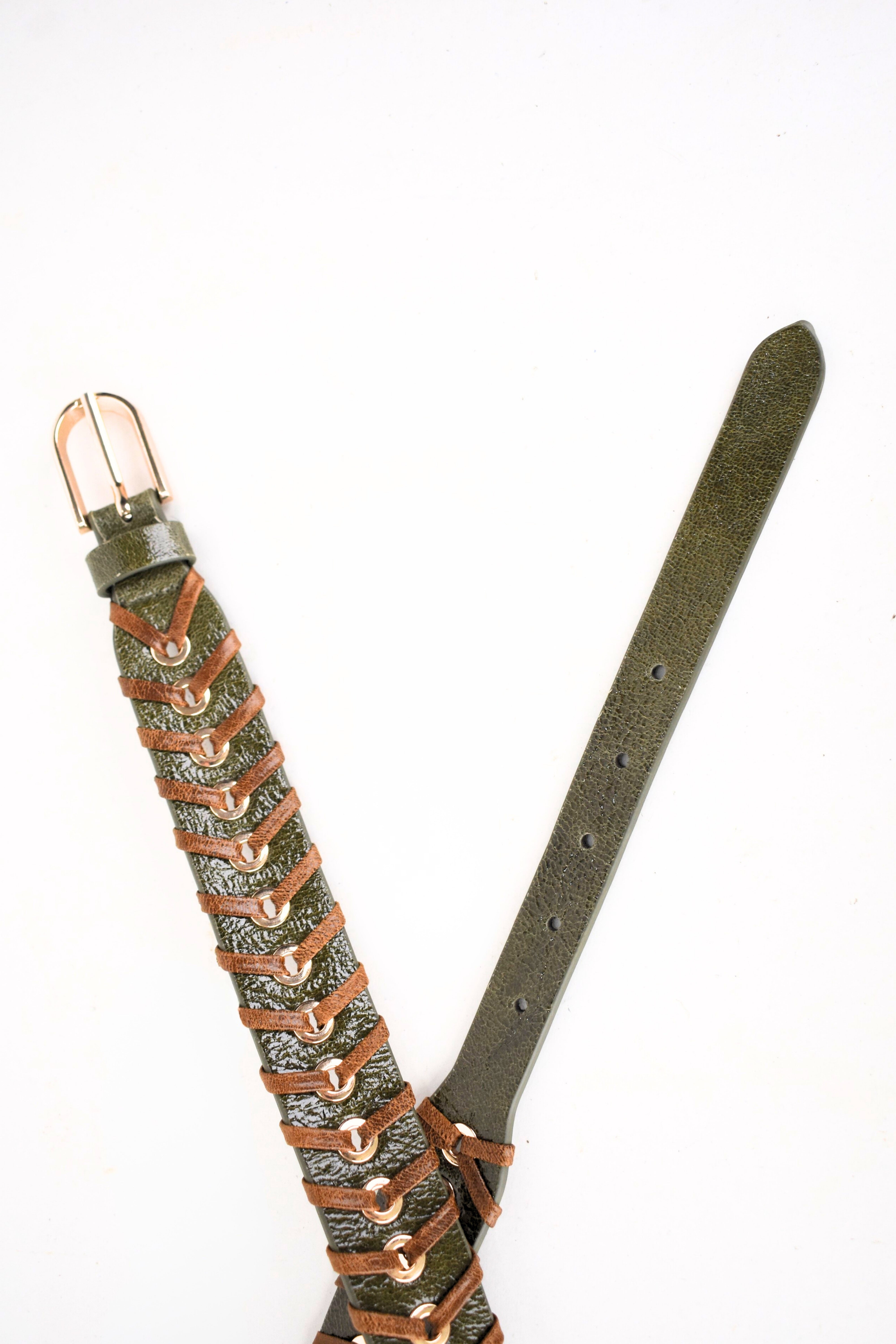 Olive Eyelet Lace-Up Leather Belt