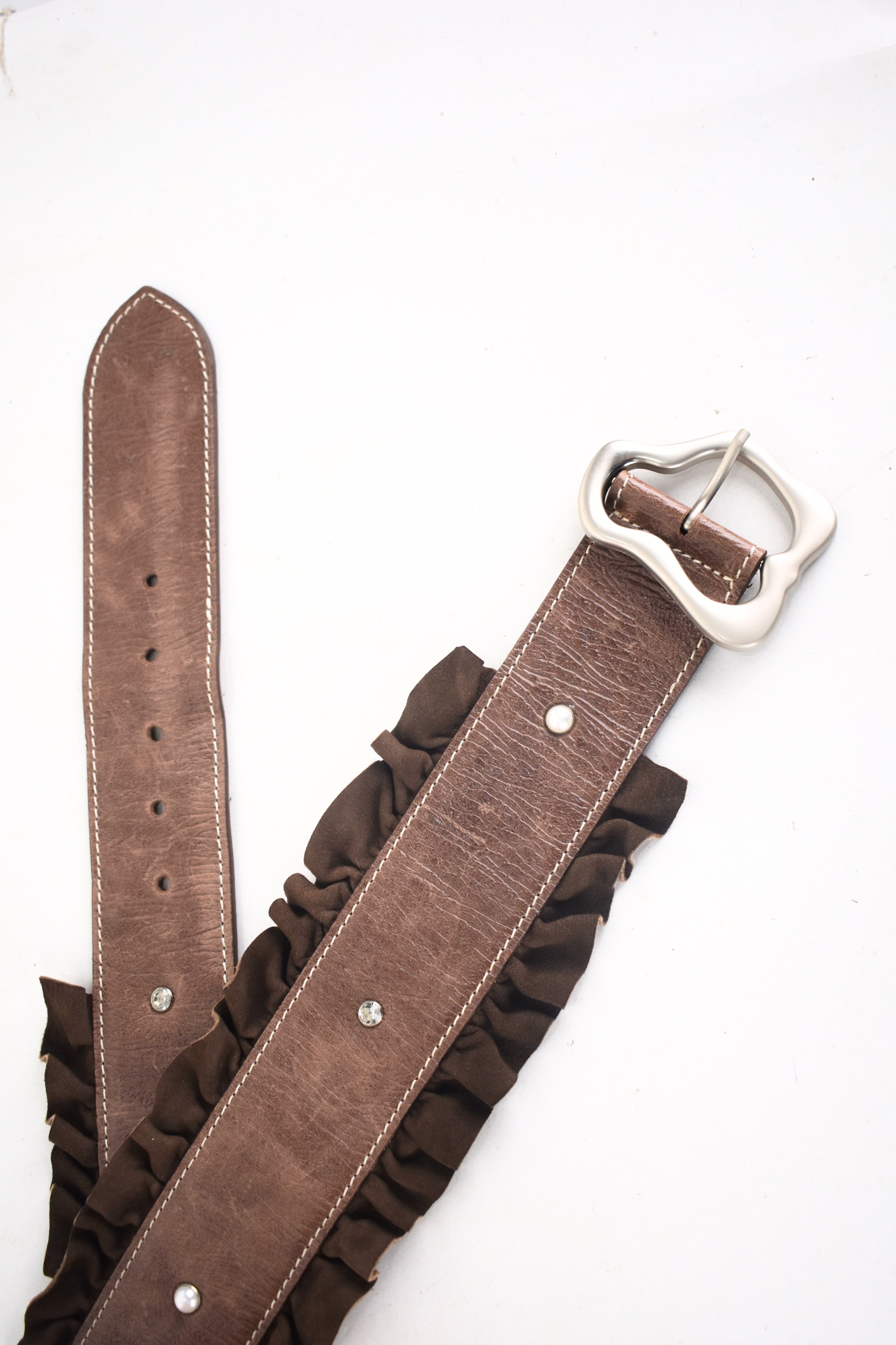 Ruffle Edge Embellished Leather Belt