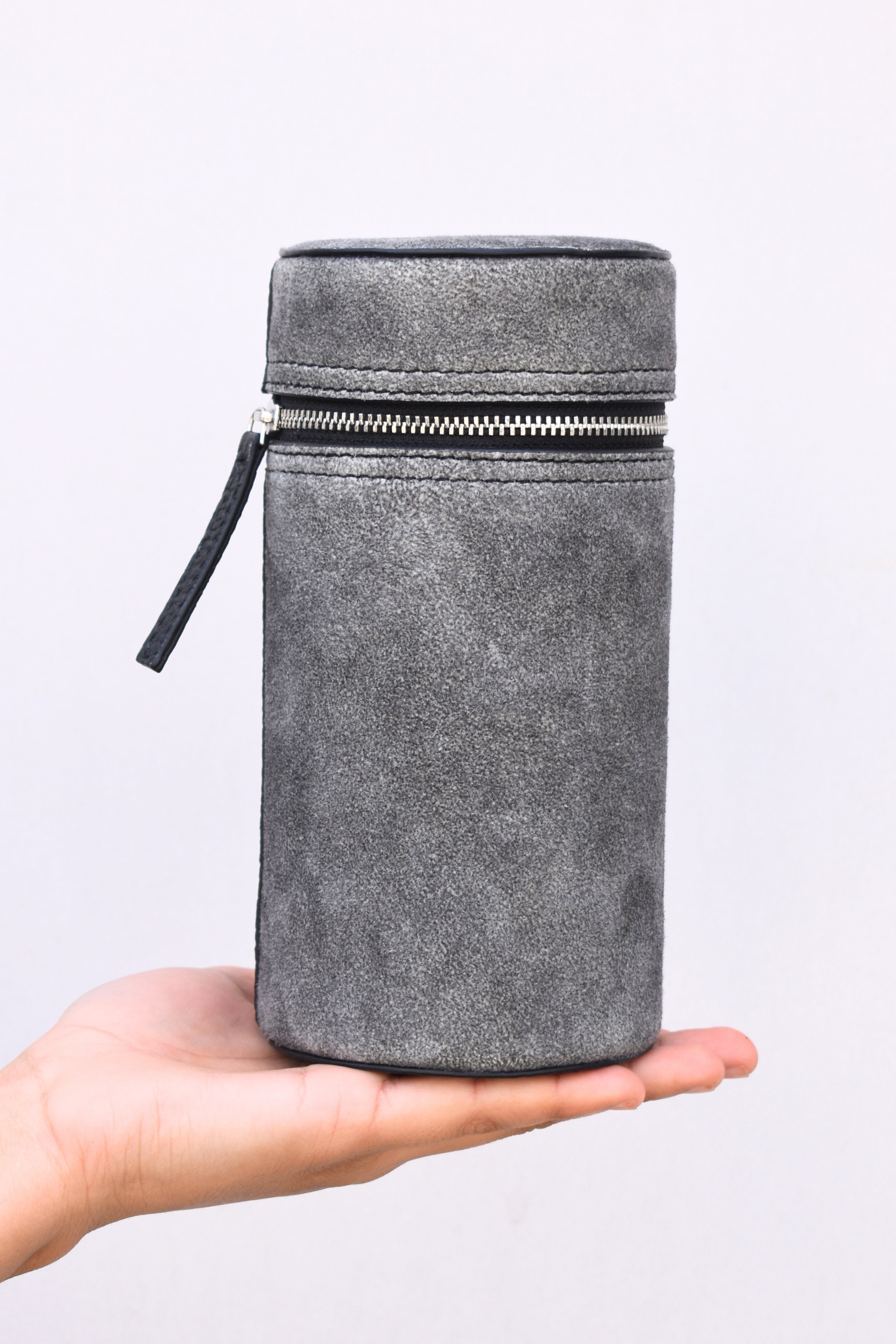 Vintage-Inspired Grey Suede Leather Cylinder Case