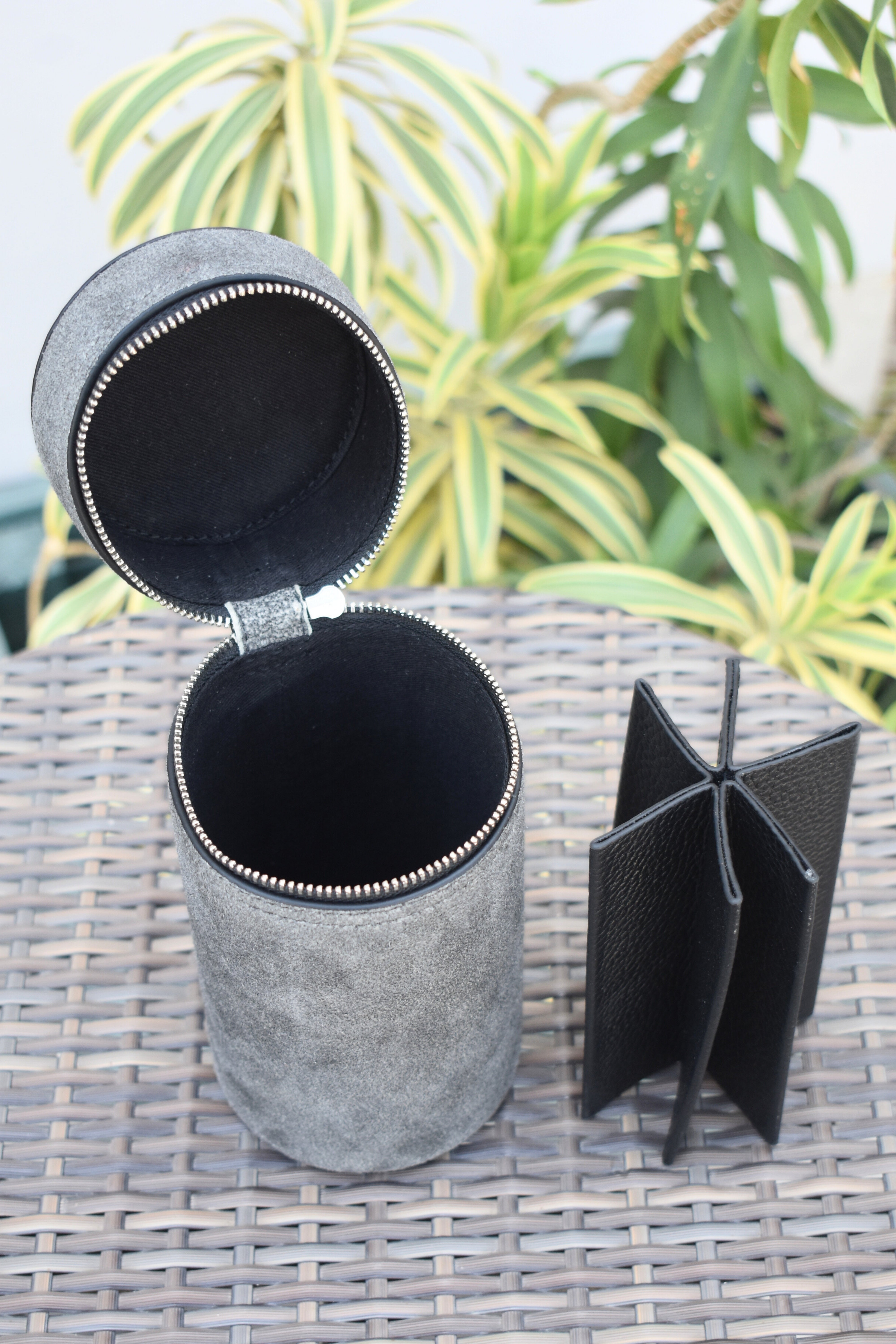 Vintage-Inspired Grey Suede Leather Cylinder Case