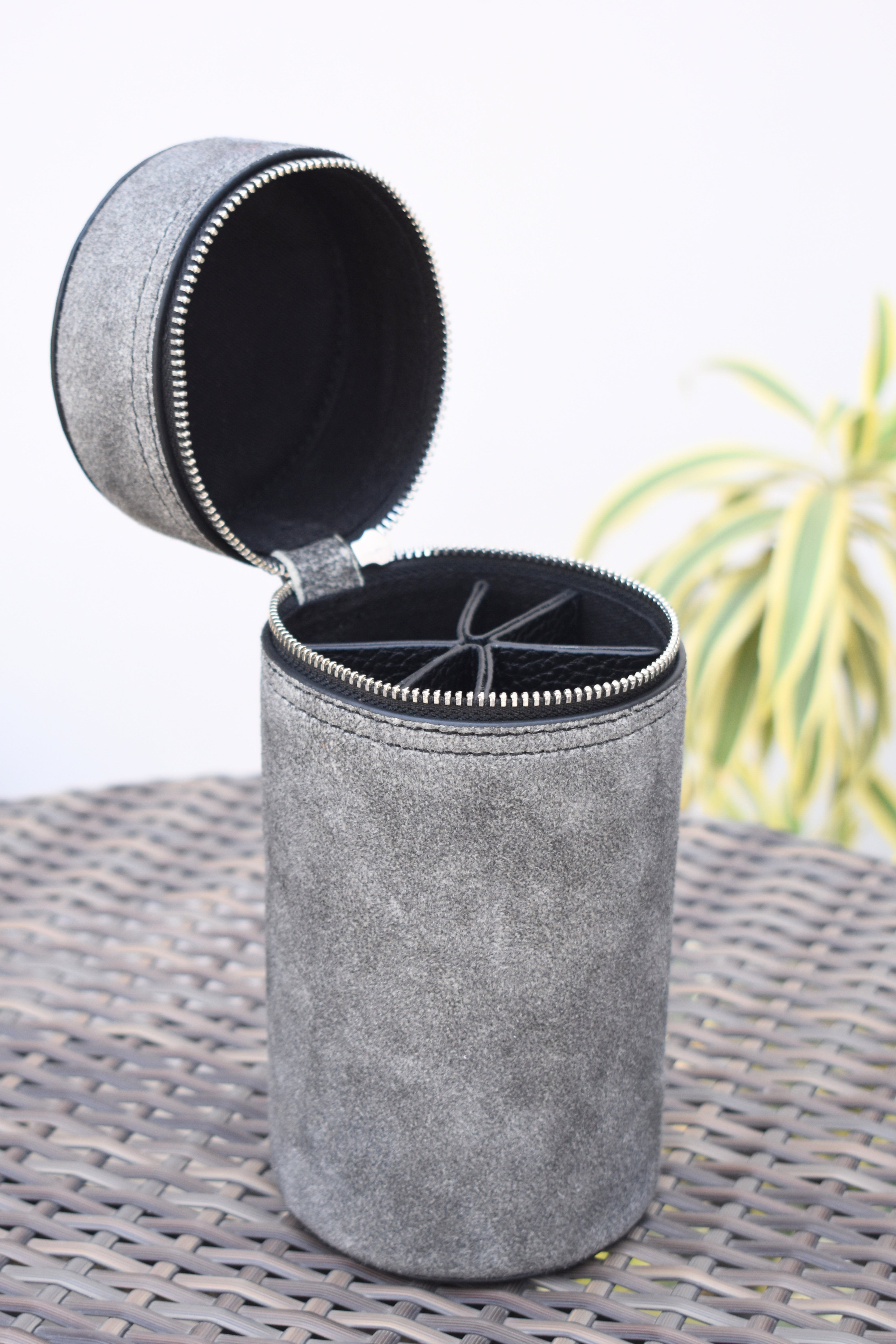 Vintage-Inspired Grey Suede Leather Cylinder Case