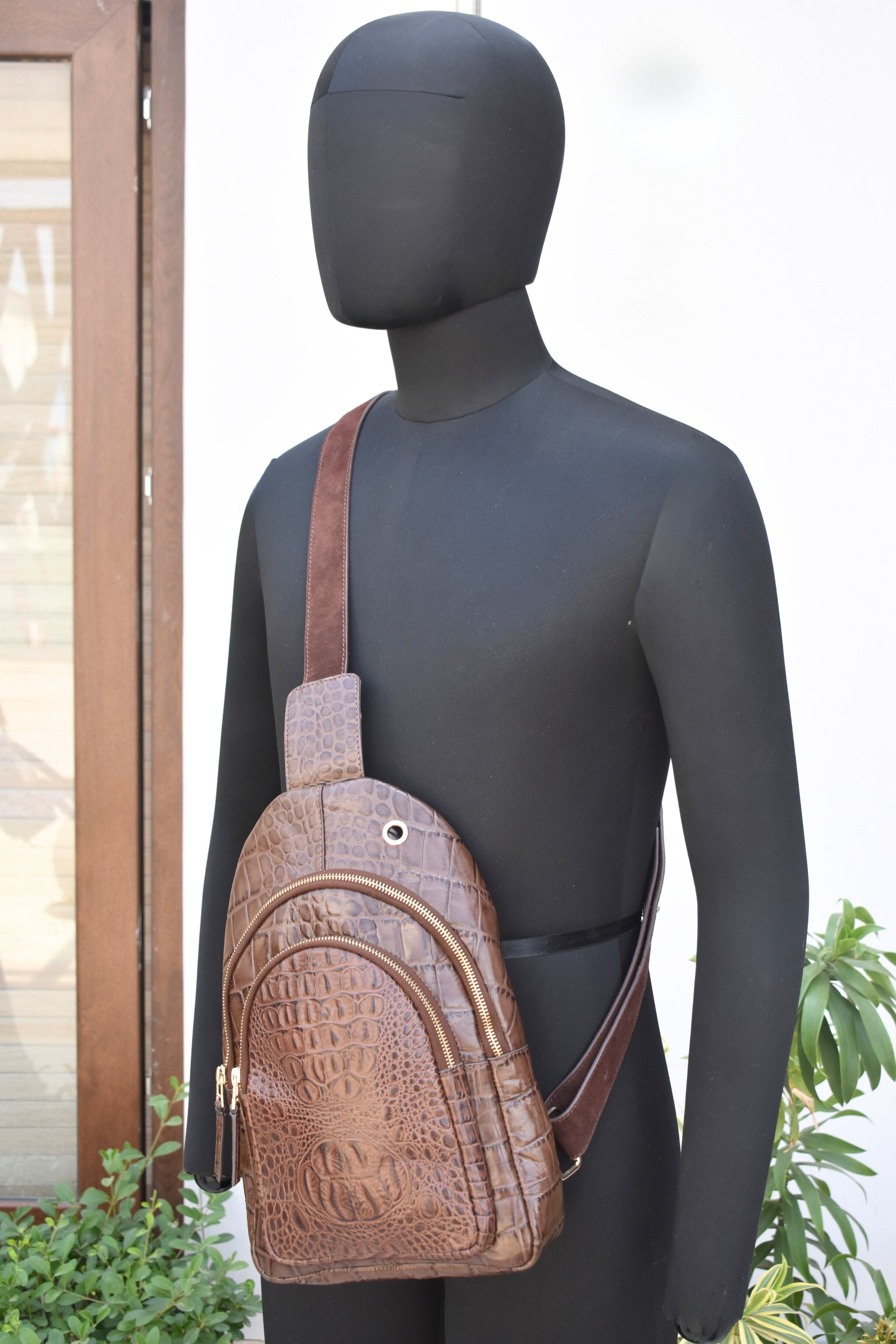 Crocodile-Embossed Leather Sling Bag