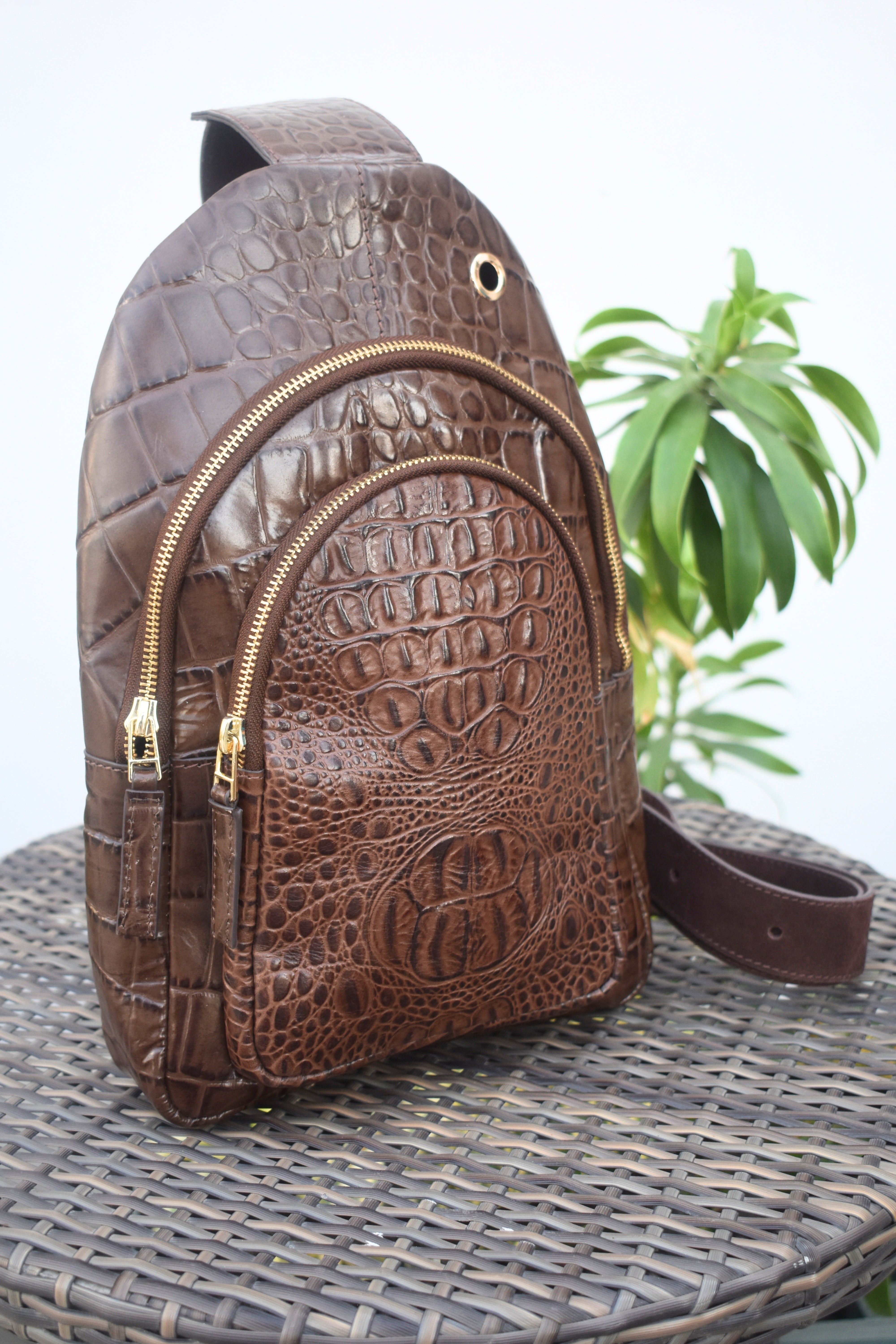 Crocodile-Embossed Leather Sling Bag