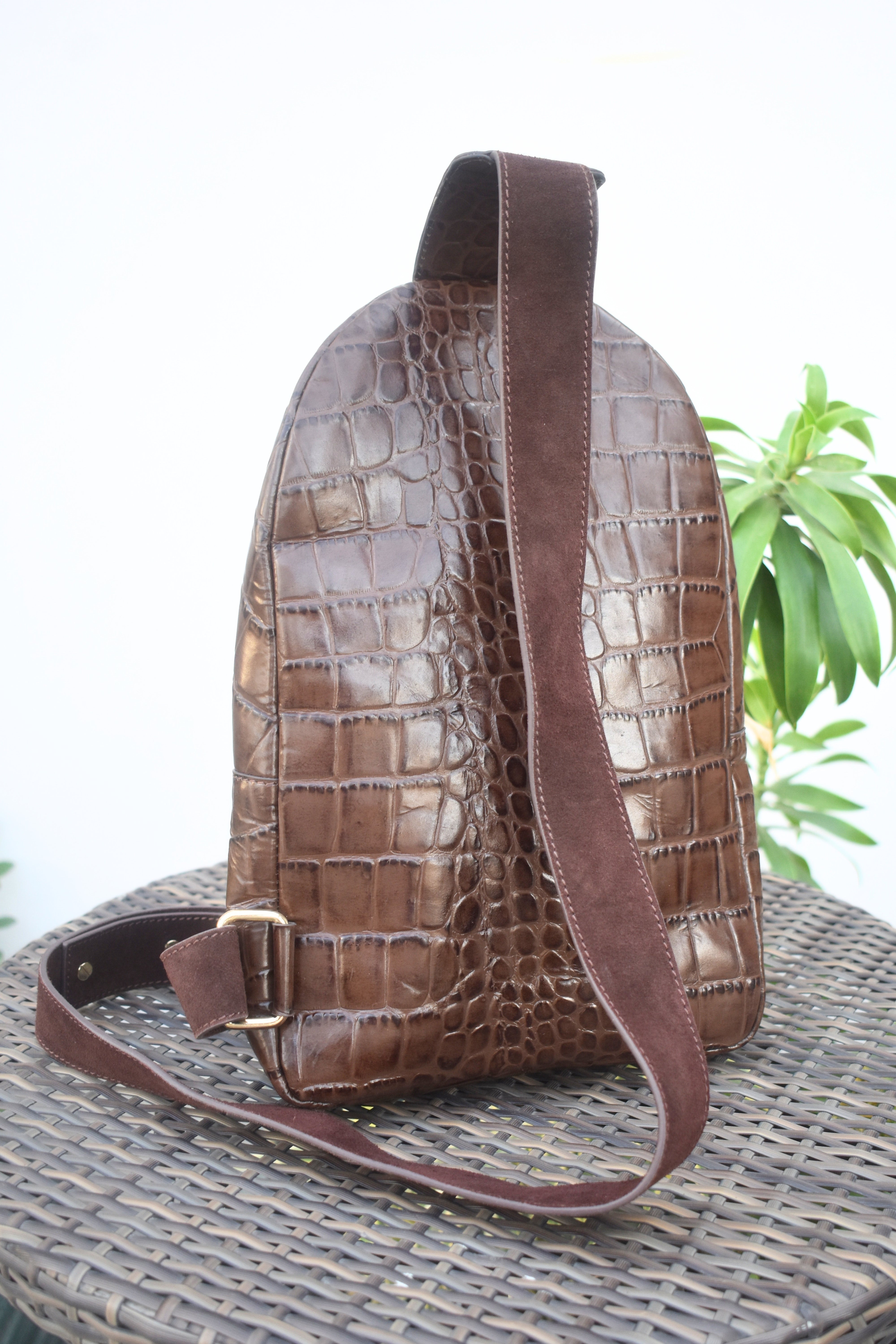 Crocodile-Embossed Leather Sling Bag