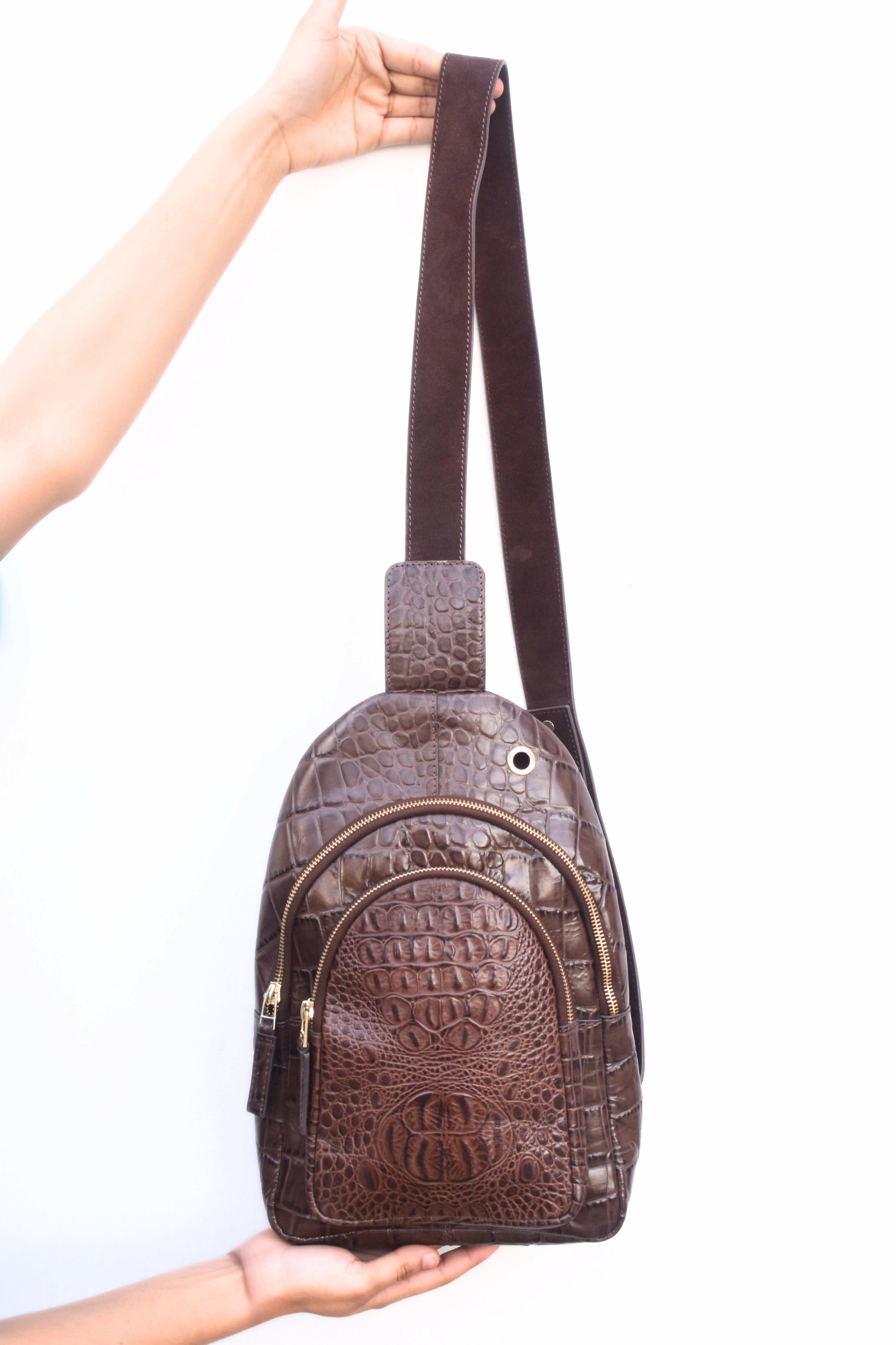 Crocodile-Embossed Leather Sling Bag