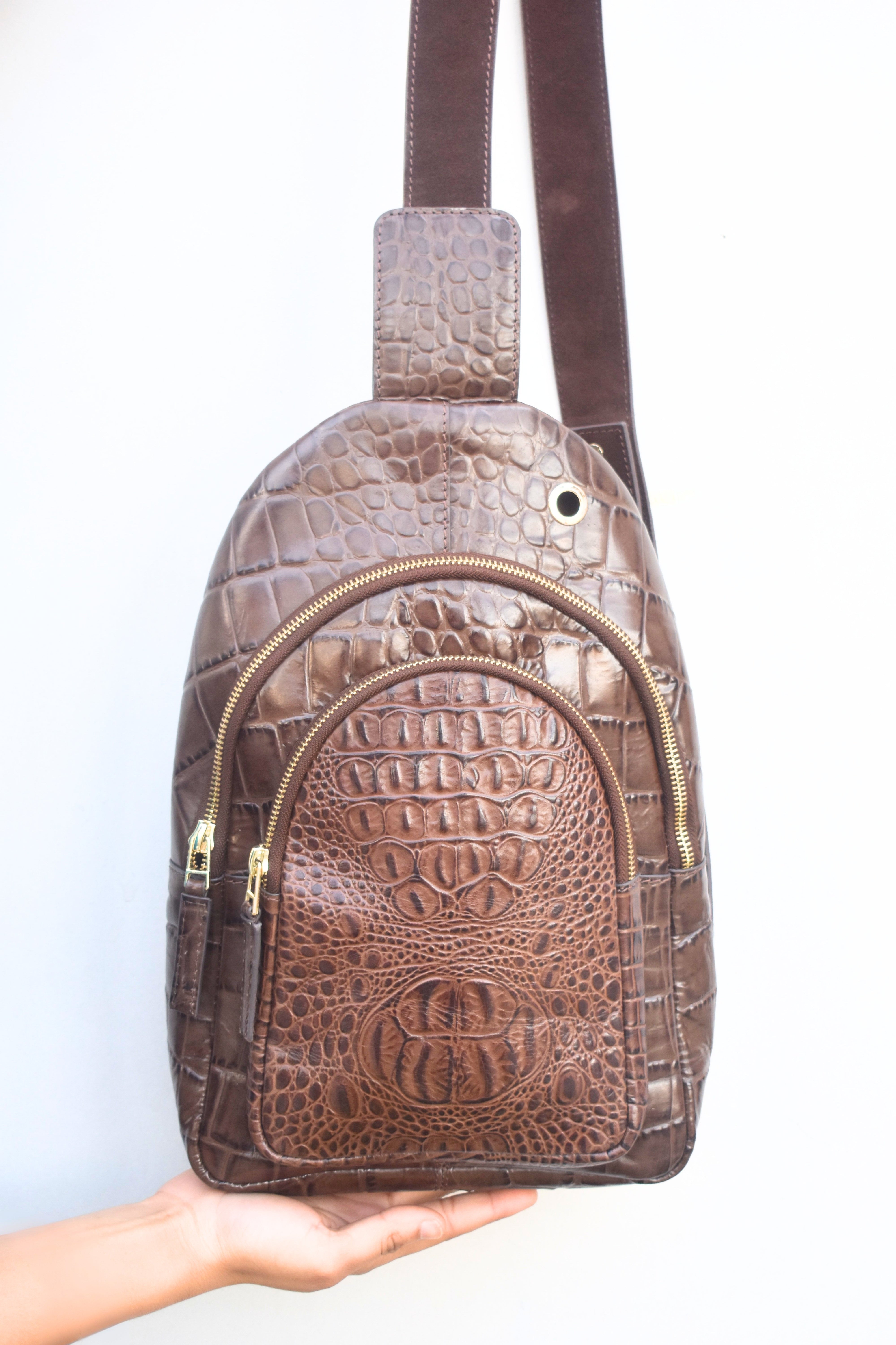 Crocodile-Embossed Leather Sling Bag