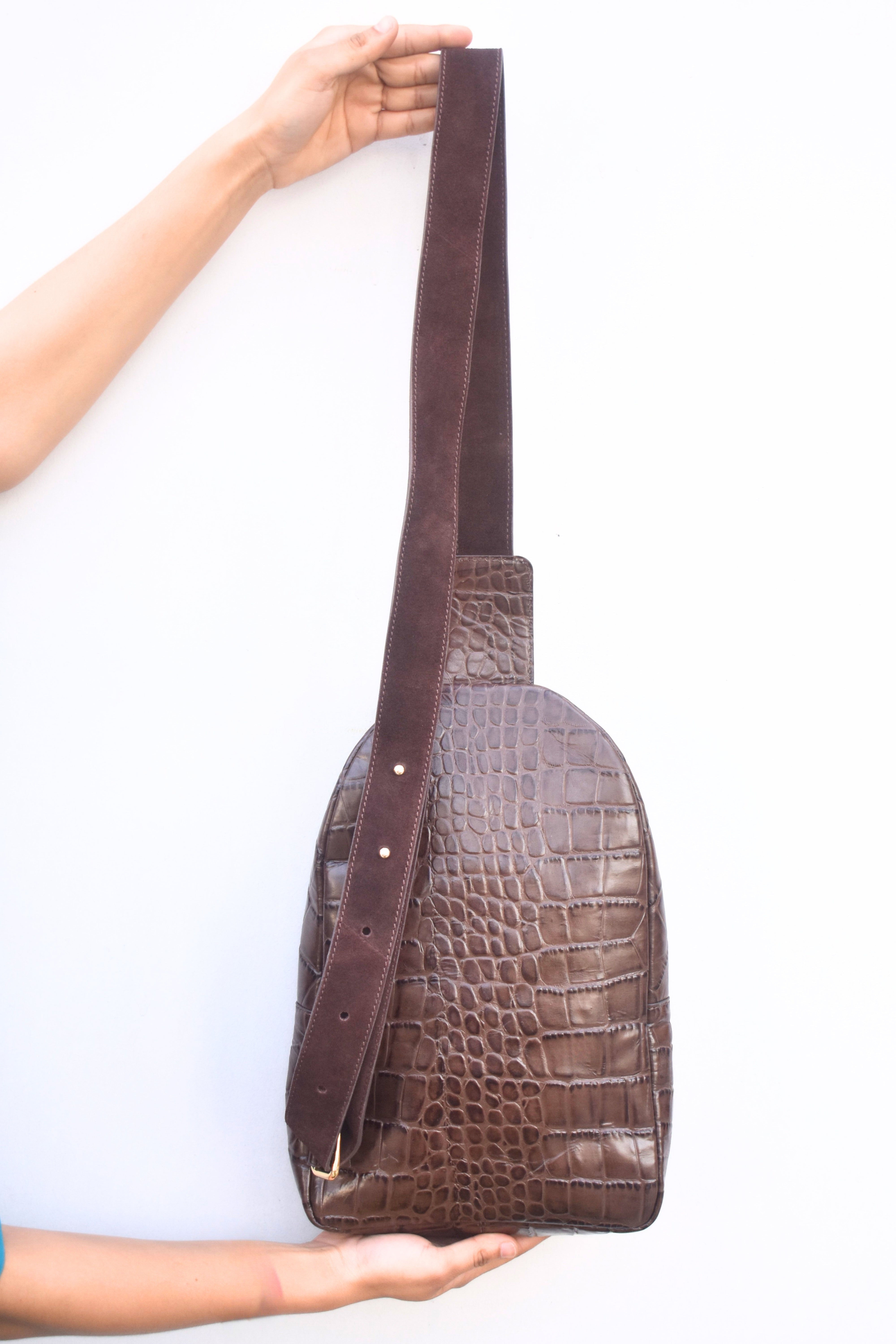 Crocodile-Embossed Leather Sling Bag
