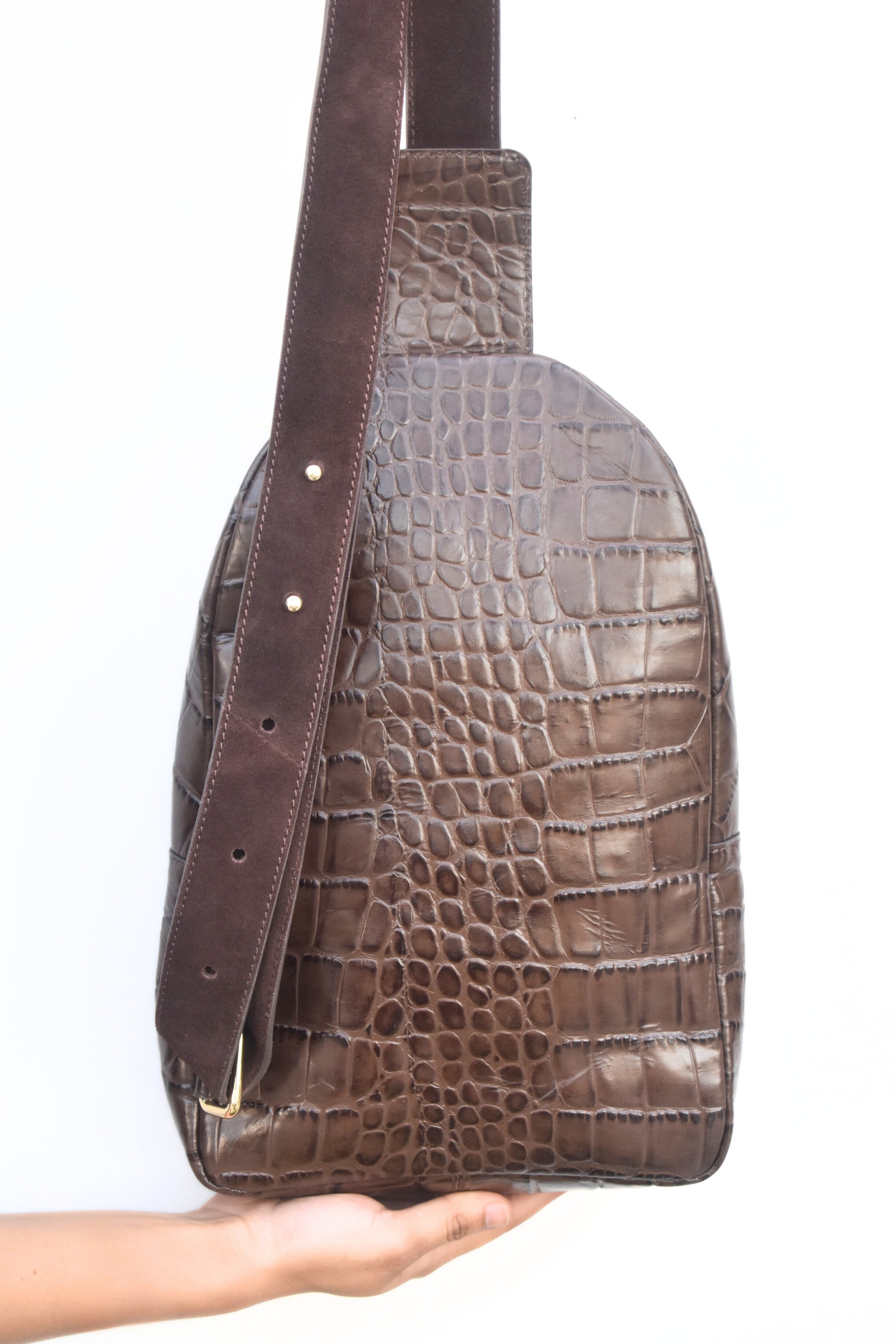 Crocodile-Embossed Leather Sling Bag