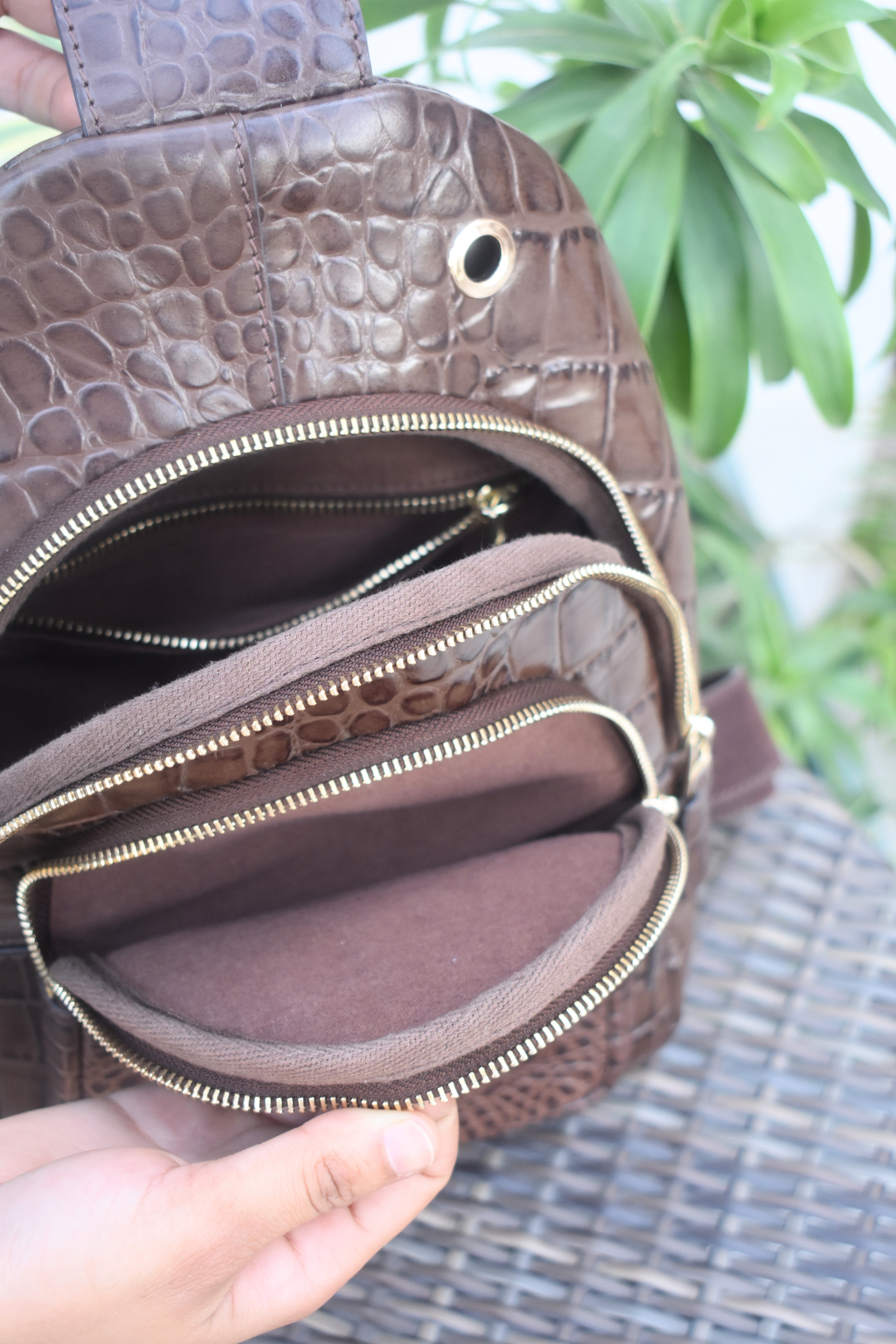 Crocodile-Embossed Leather Sling Bag