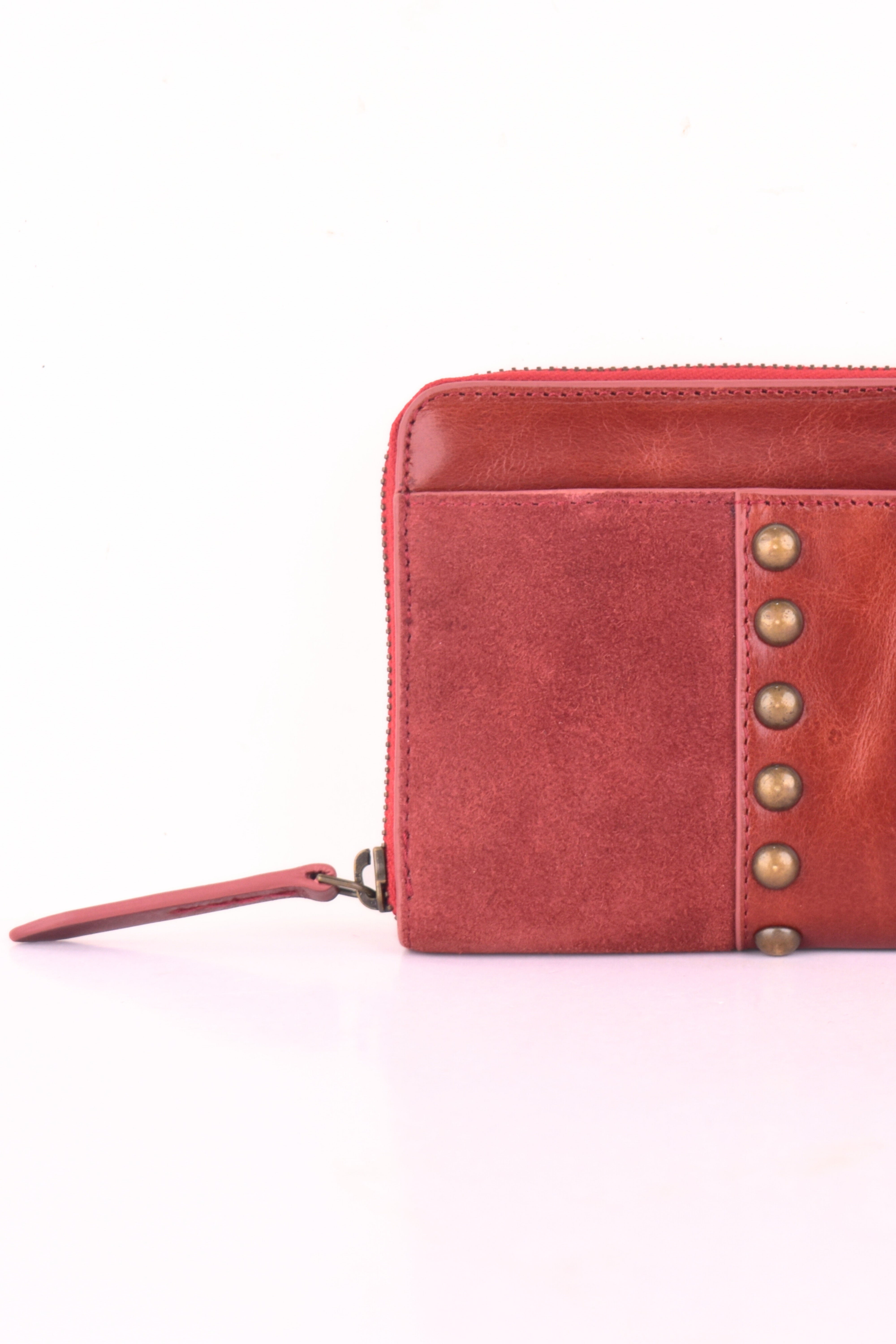 Crimson Crest Leather Clutch