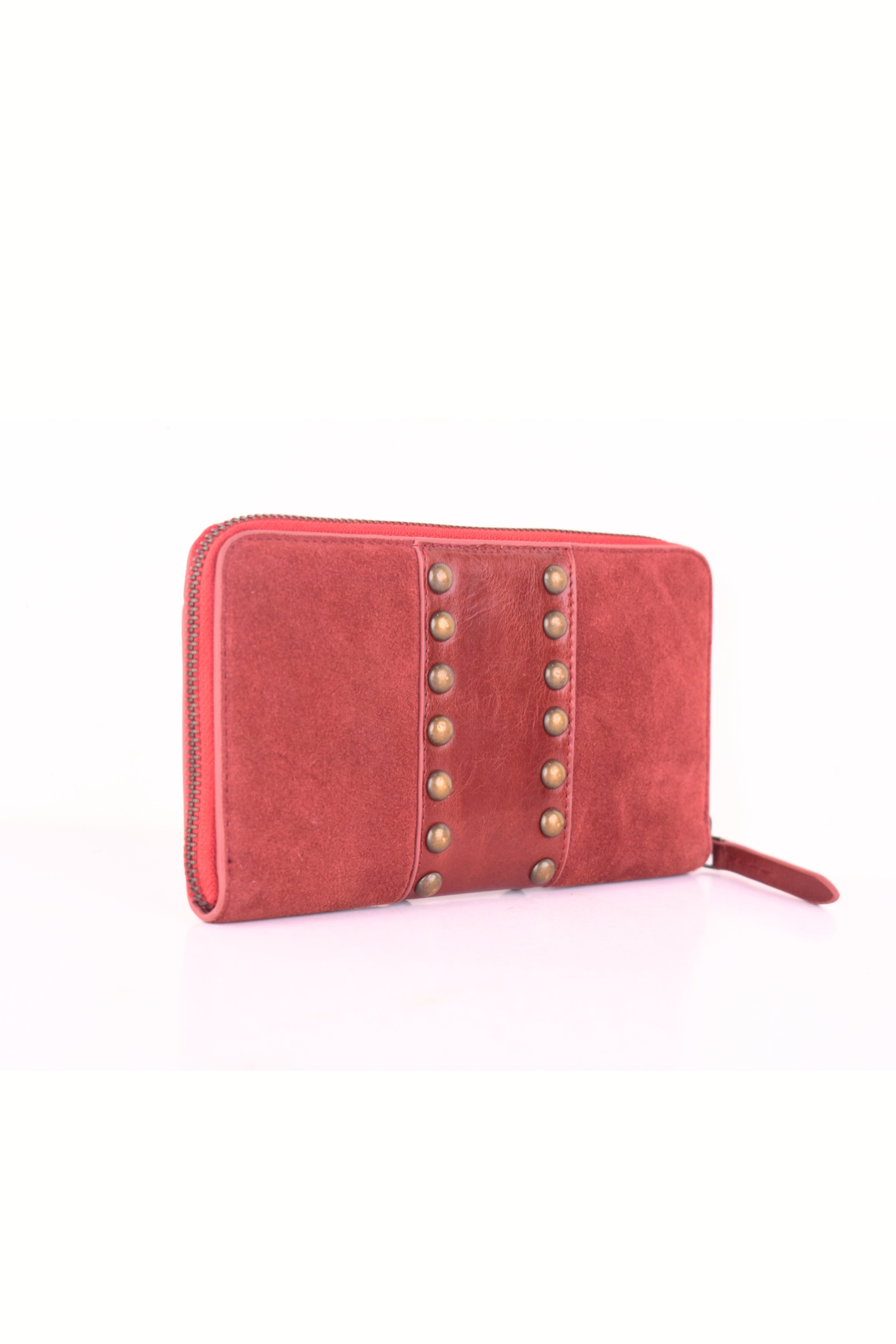 Crimson Crest Leather Clutch