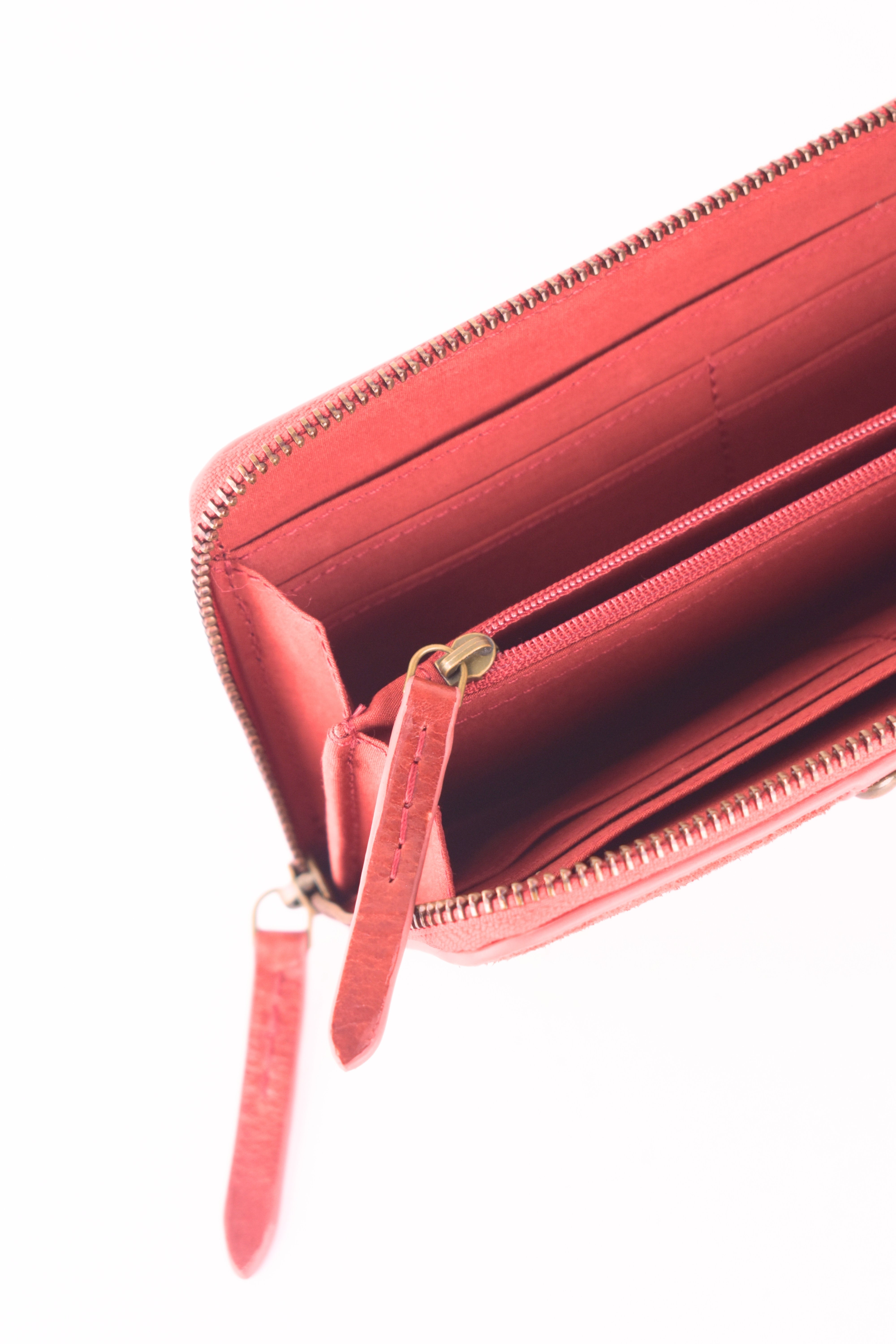 Crimson Crest Leather Clutch