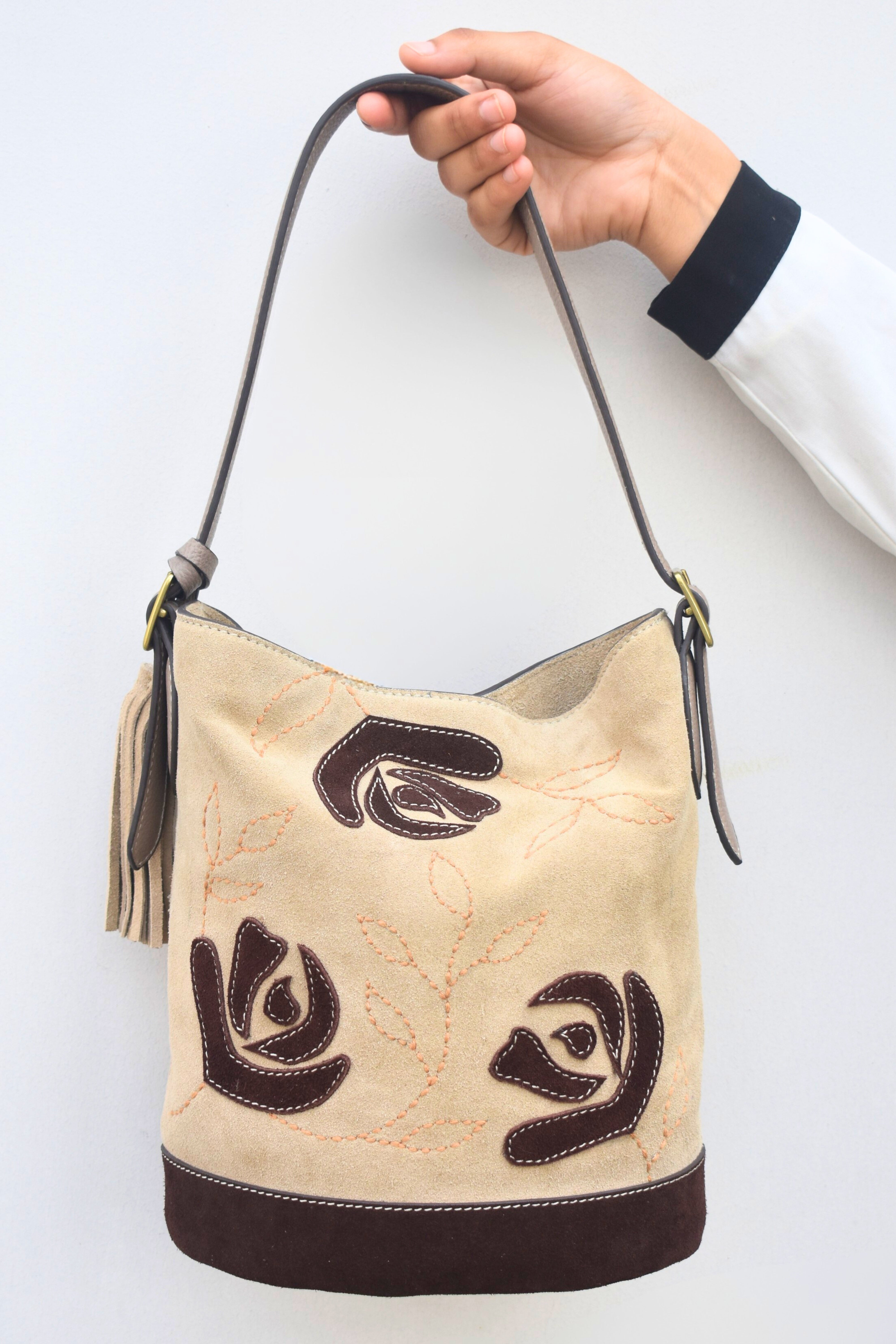 Blush Bloom Suede Bucket Bag