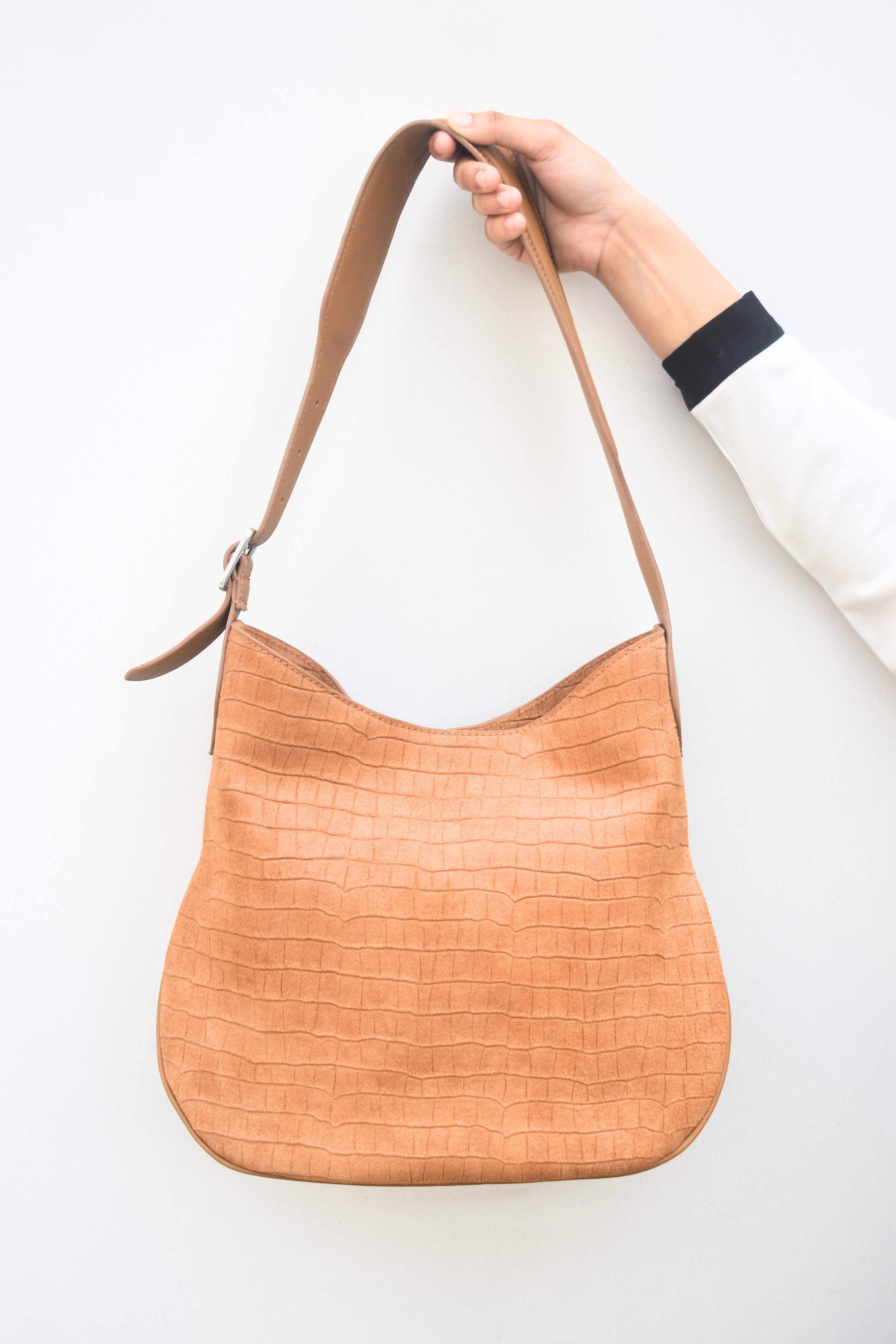 Caramel Croc Suede Shoulder Bag