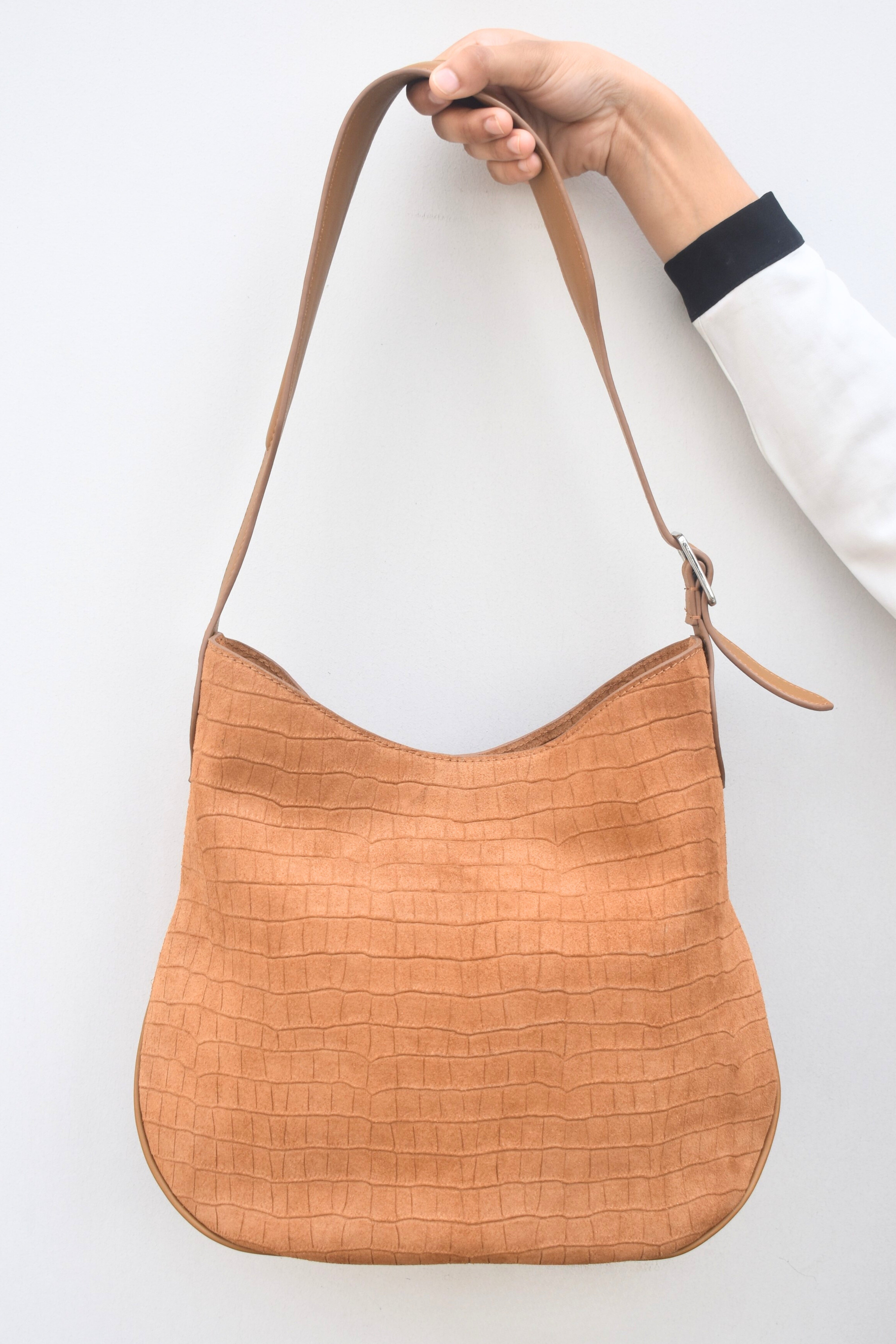Caramel Croc Suede Shoulder Bag