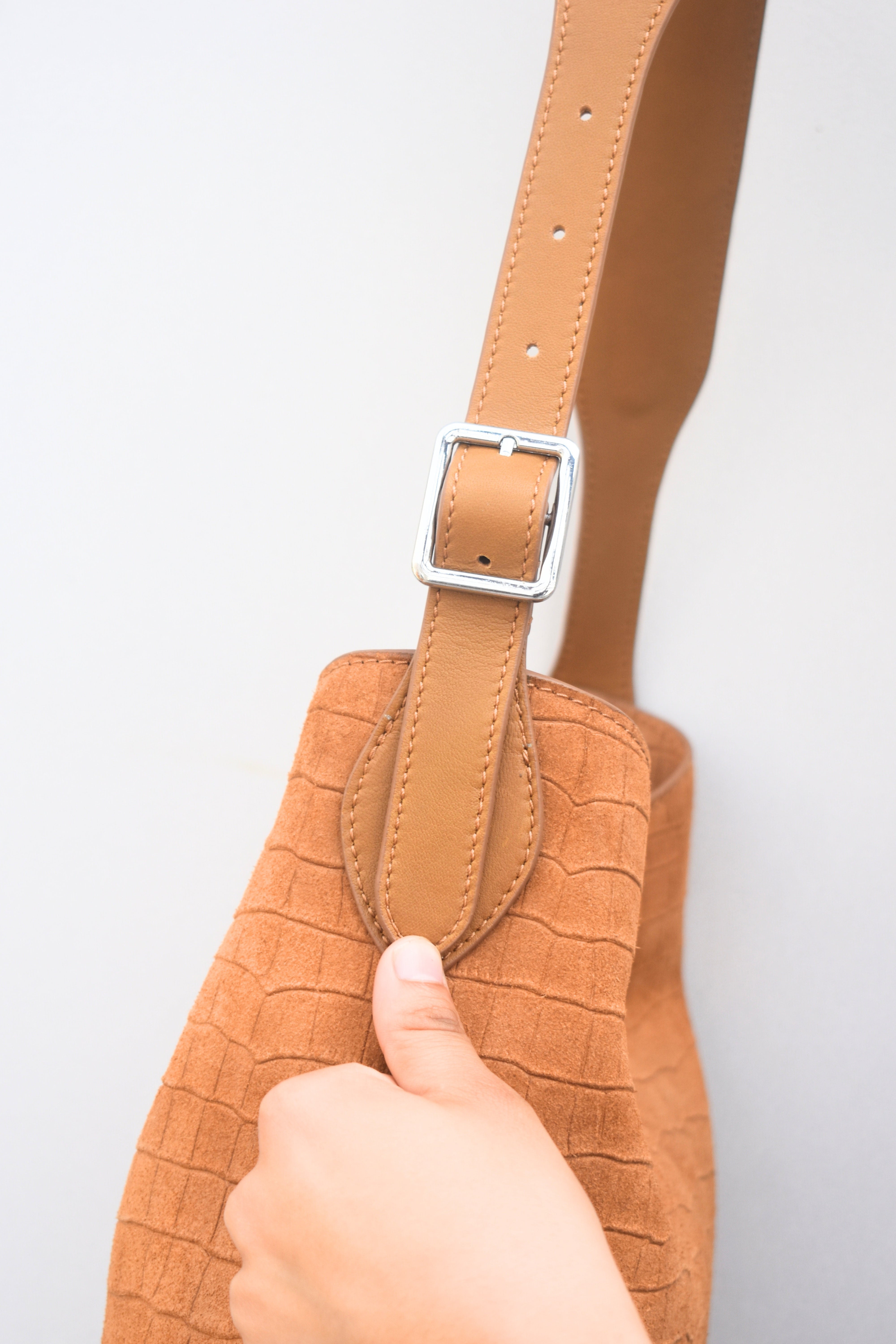 Caramel Croc Suede Shoulder Bag