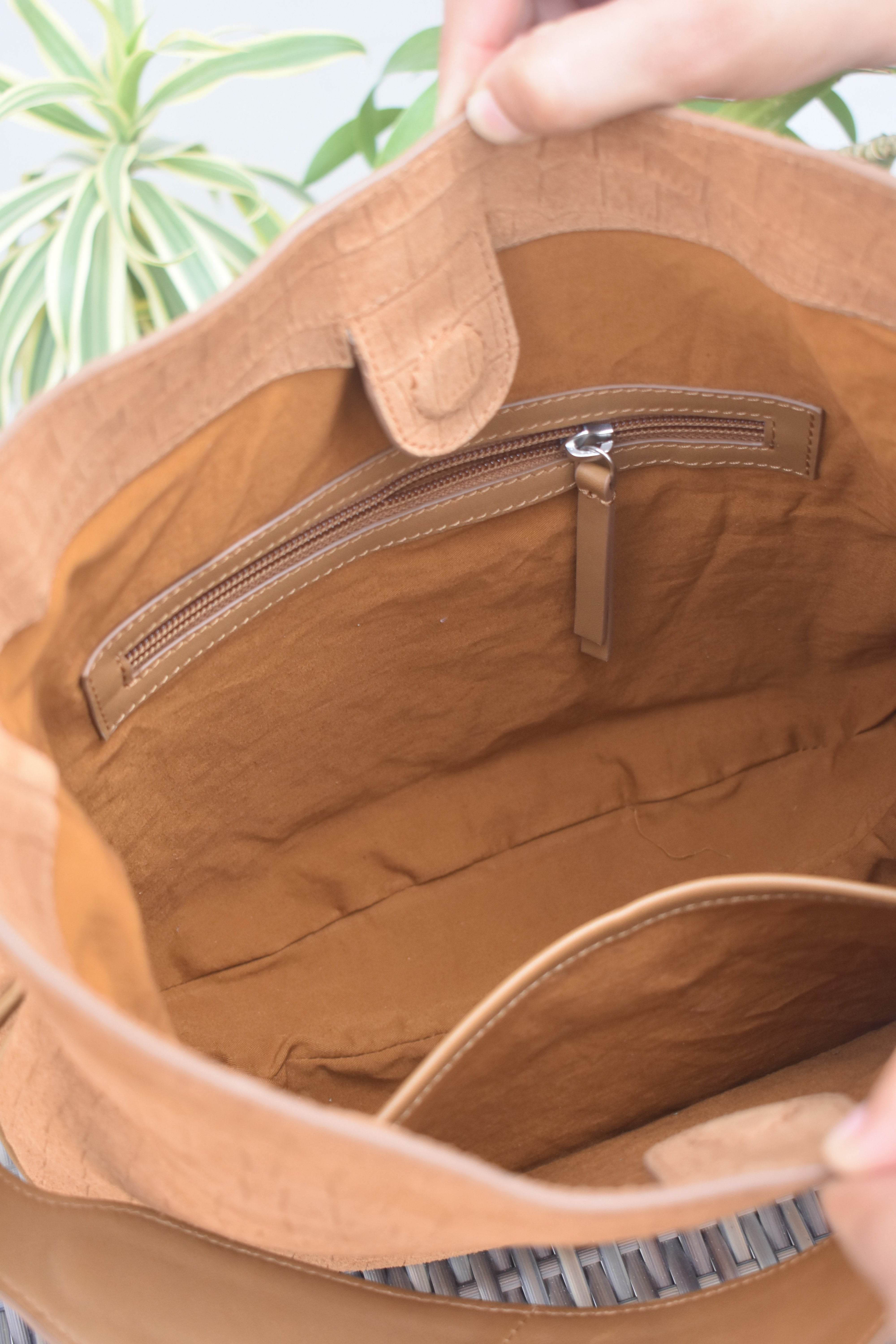 Caramel Croc Suede Shoulder Bag