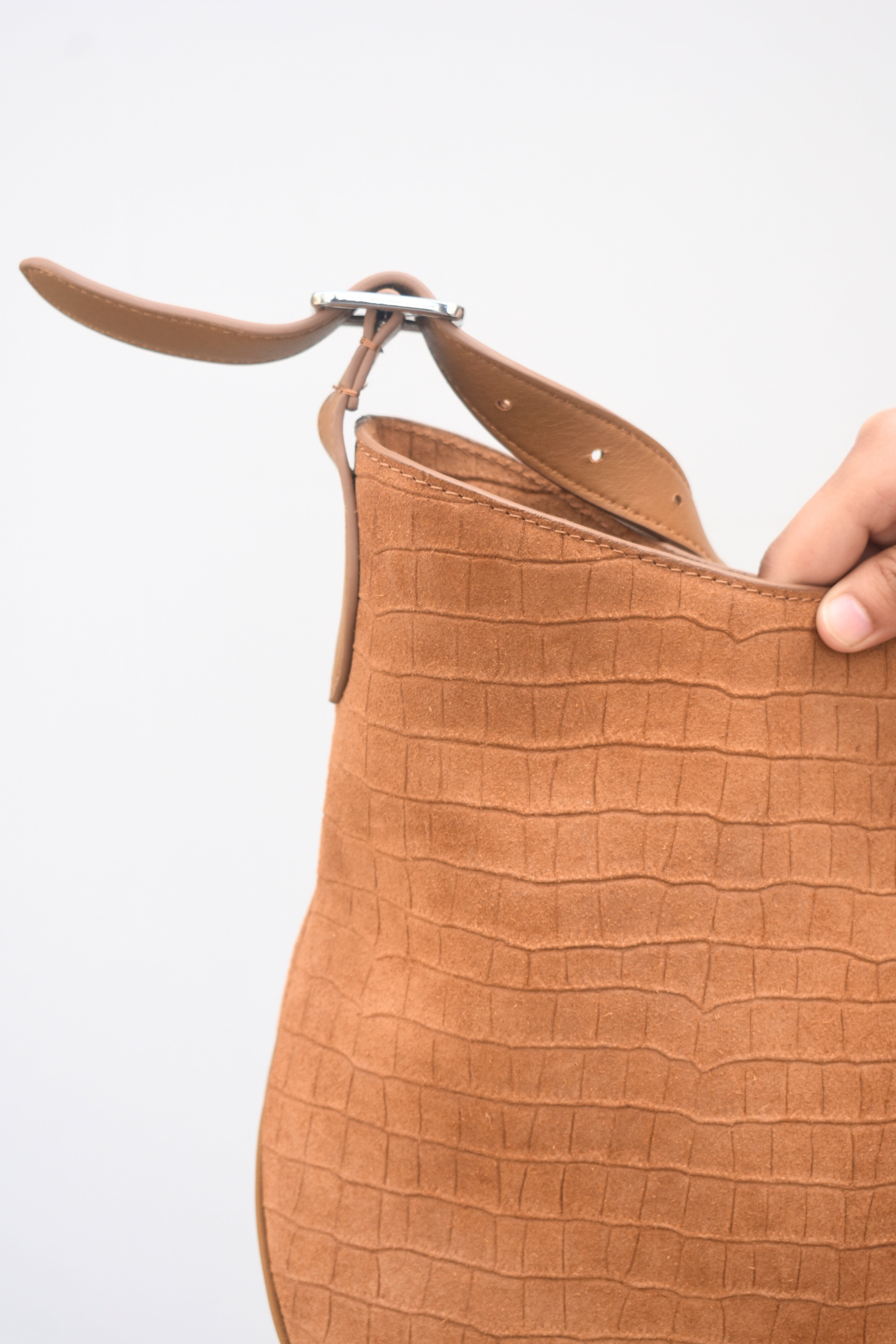 Caramel Croc Suede Shoulder Bag