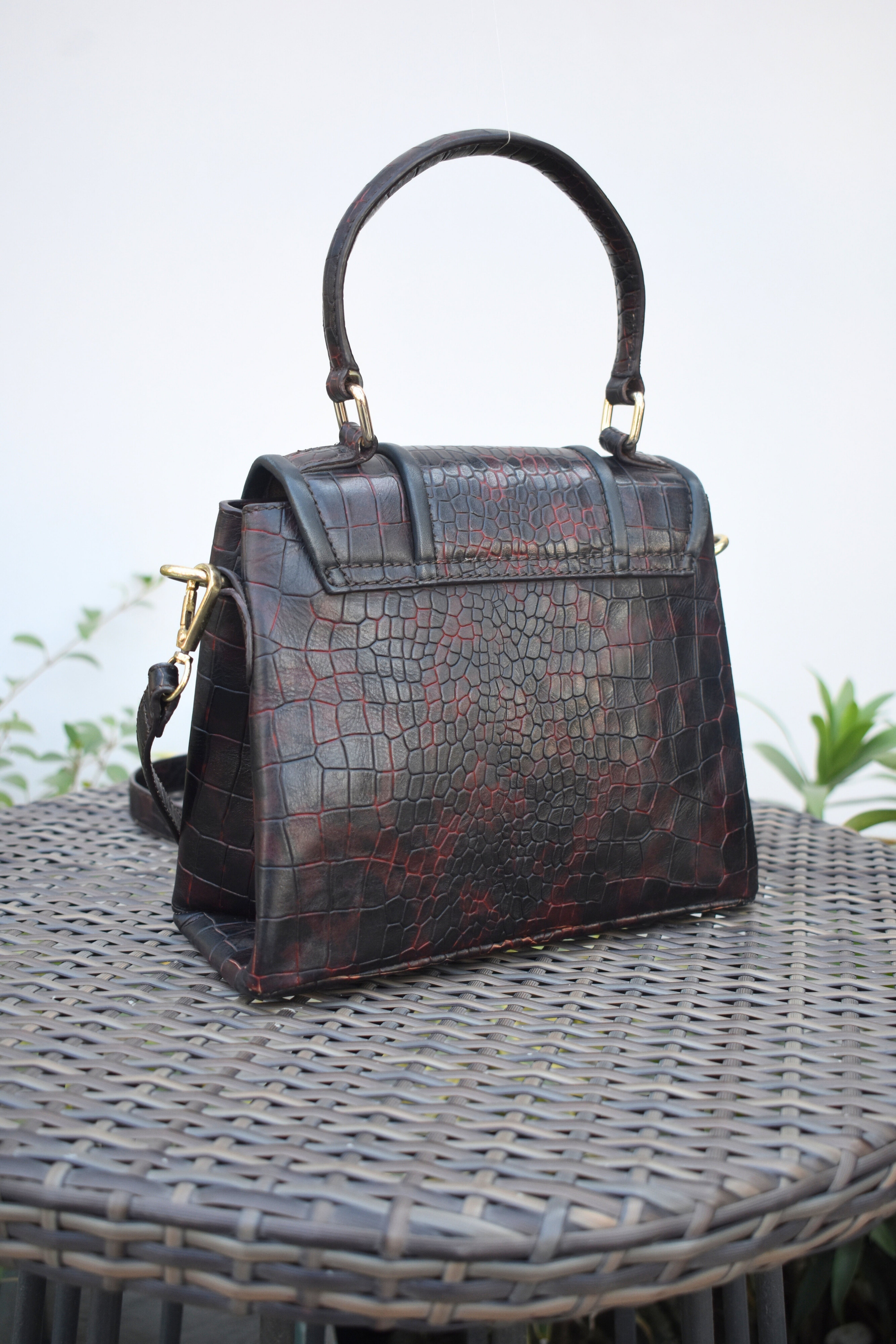 Vintage Croc-Embossed Leather Satchel