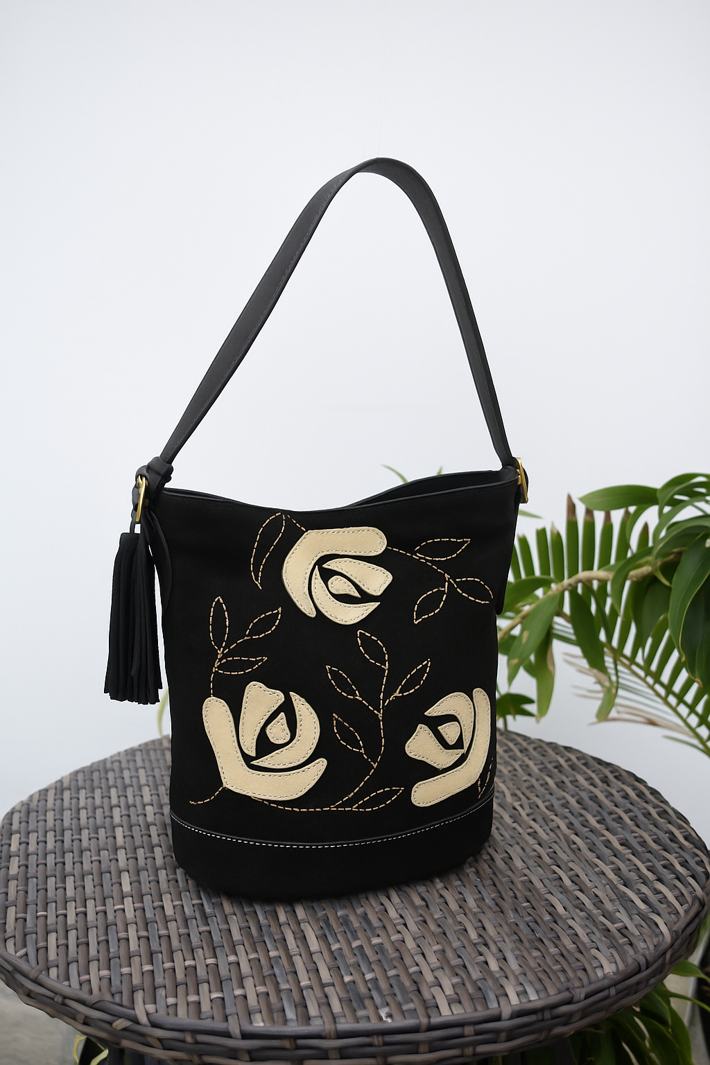 Blush Bloom Suede Bucket Bag