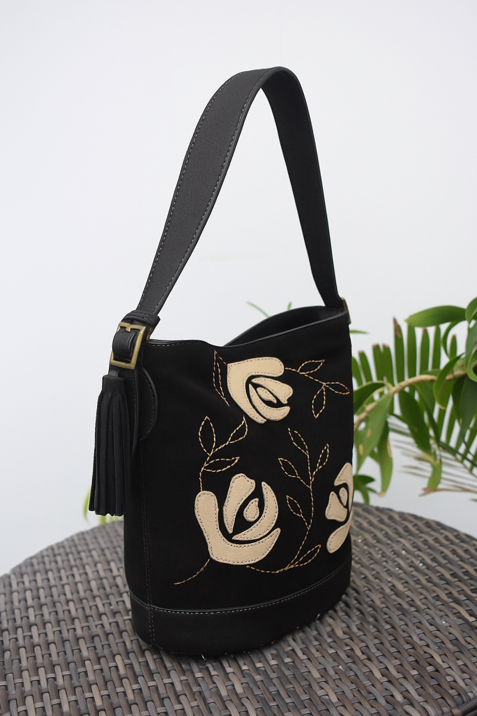 Blush Bloom Suede Bucket Bag