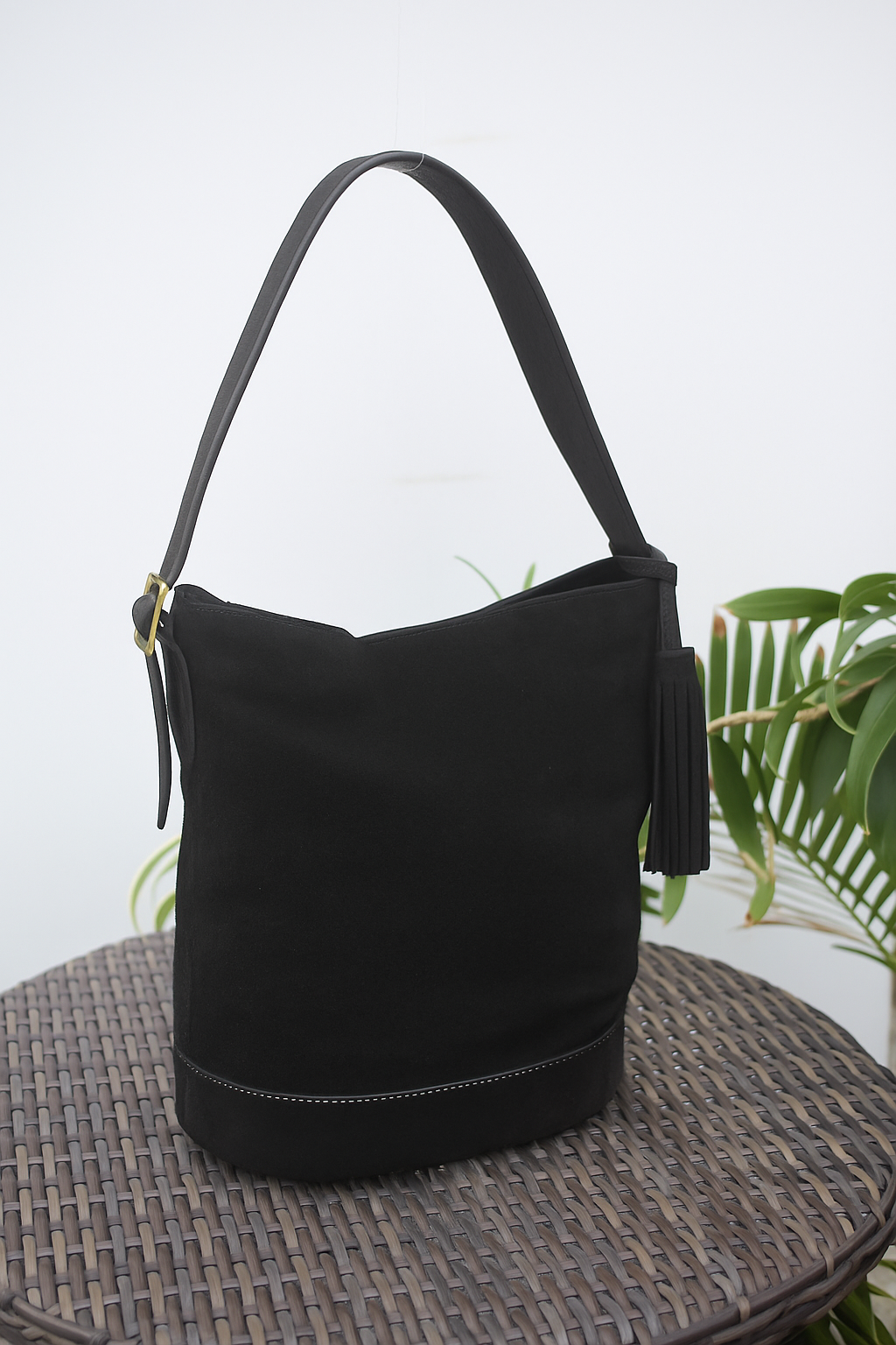 Blush Bloom Suede Bucket Bag