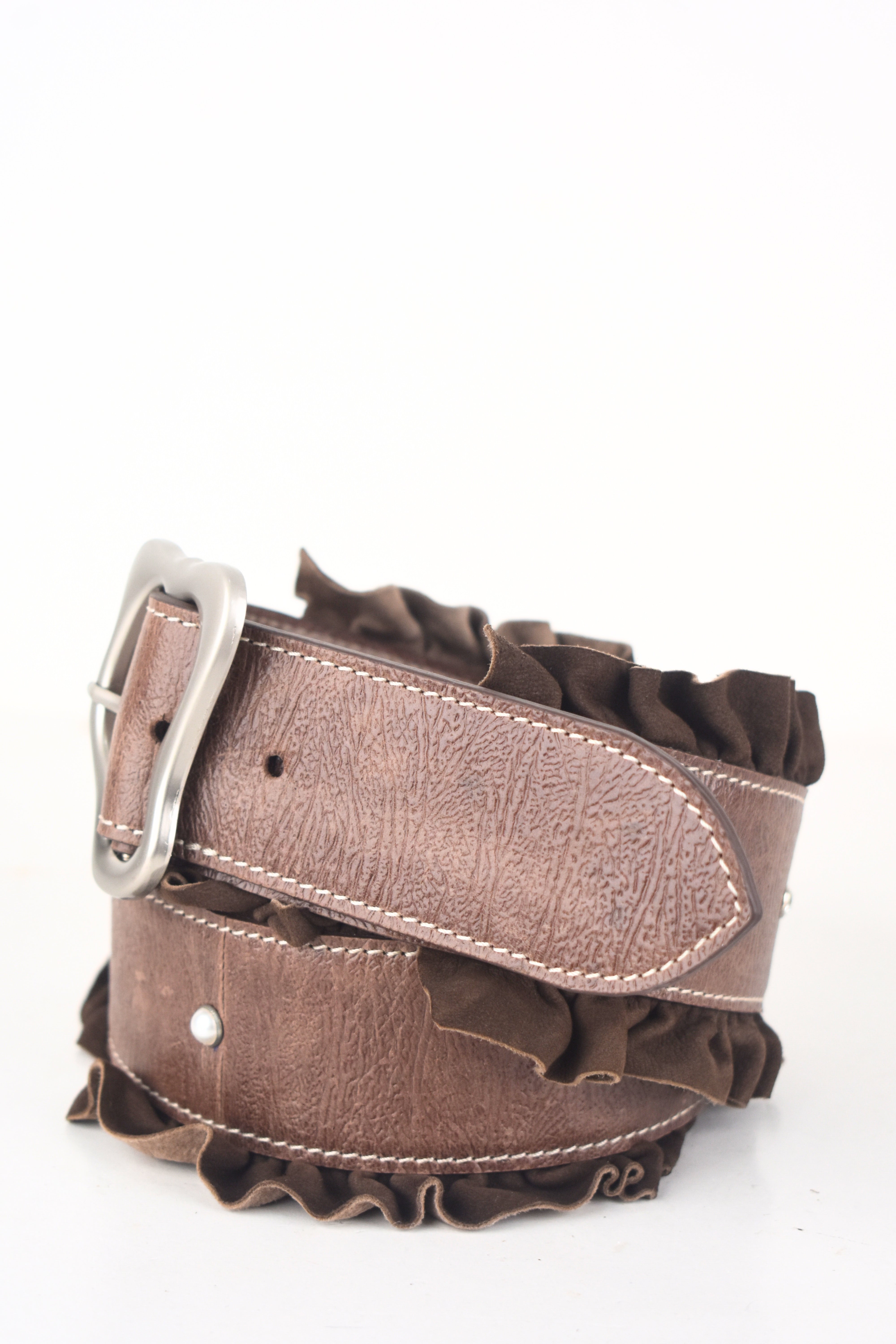 Ruffle Edge Embellished Leather Belt