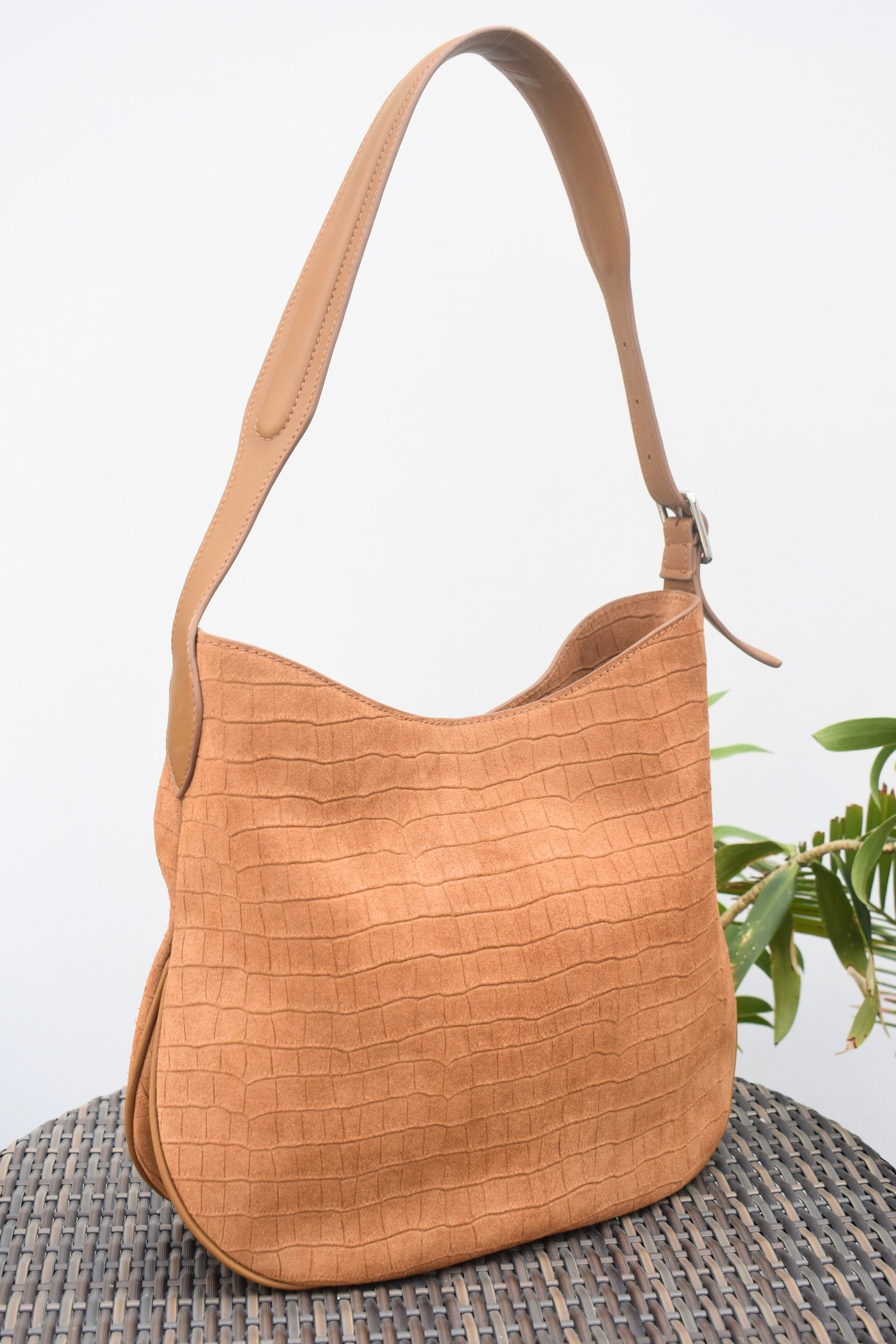 Caramel Croc Suede Shoulder Bag