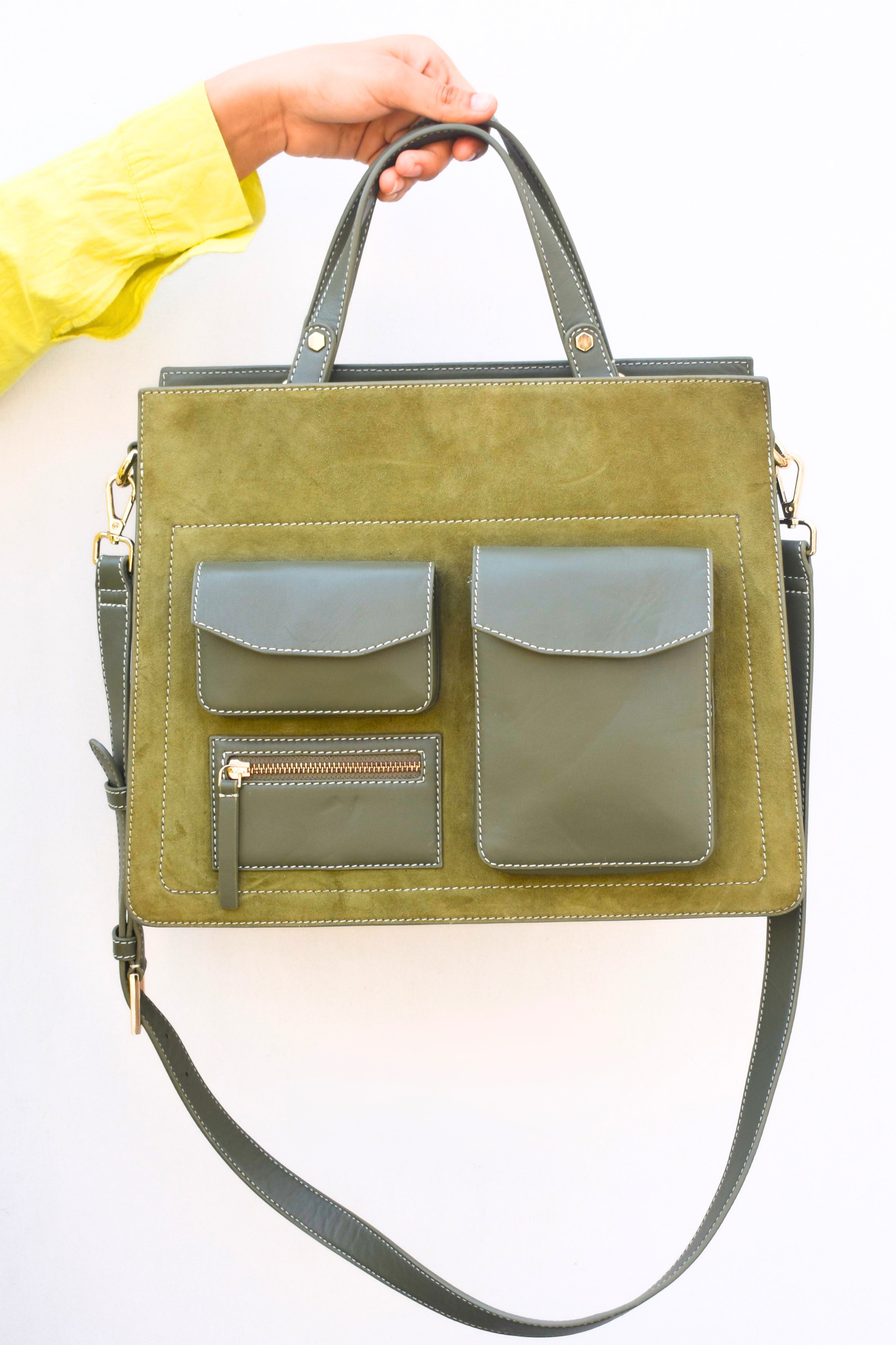Olive Green Dual-Tone Leather Tote