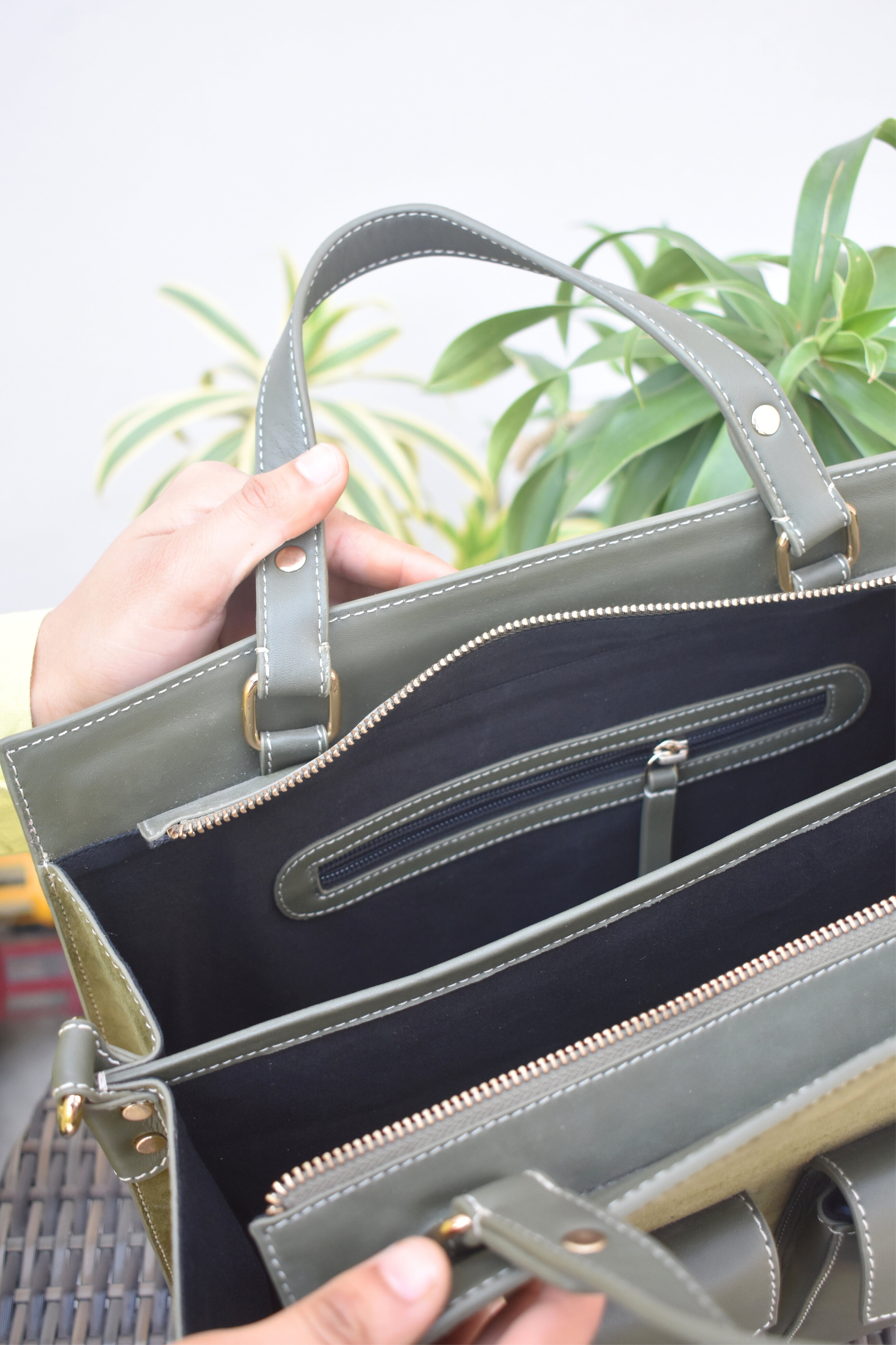 Olive Green Dual-Tone Leather Tote