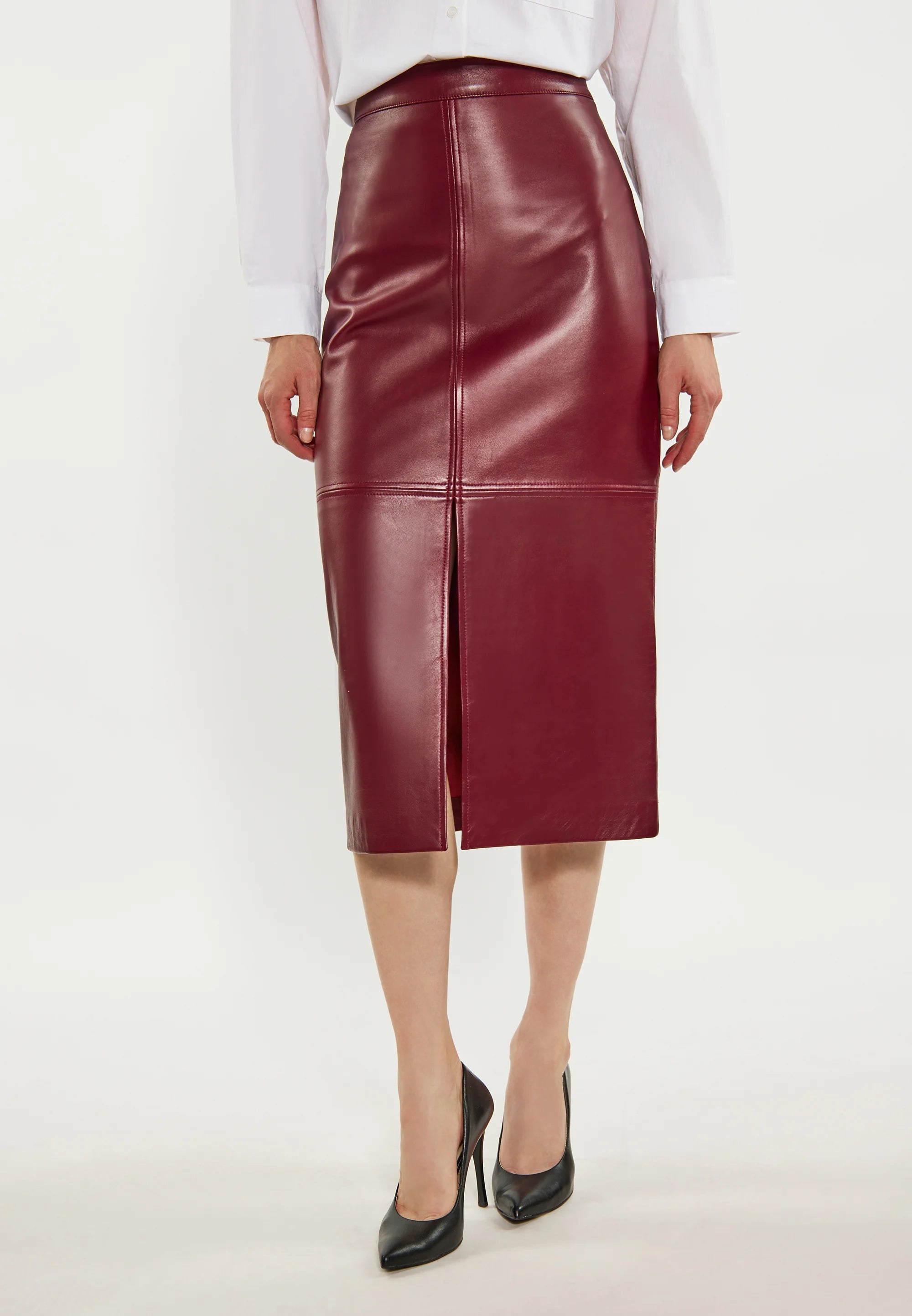 Crimson Luxe Straight-Cut Leather Skirt