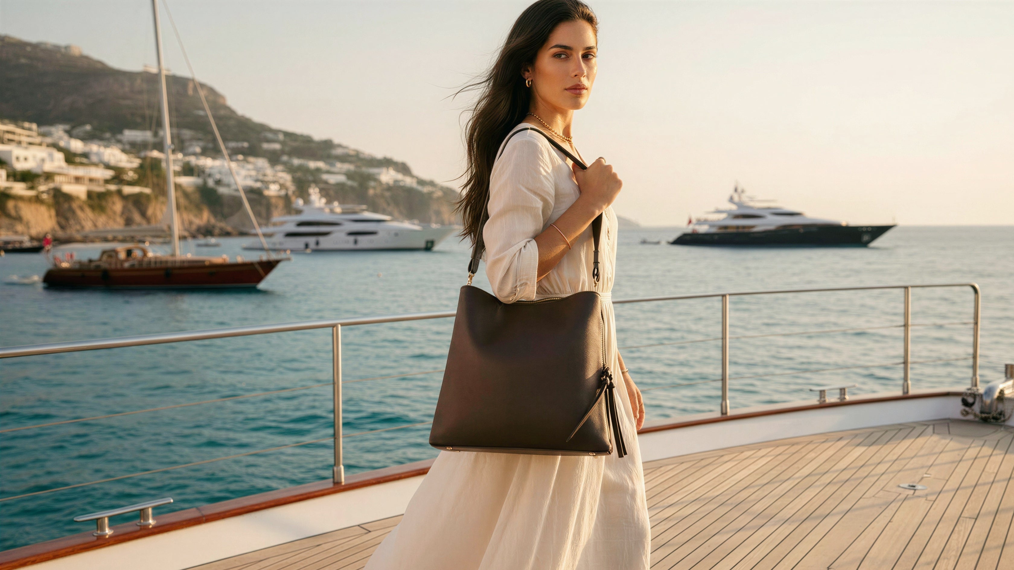 Woman holding a black handbag on a boat with a scenic background